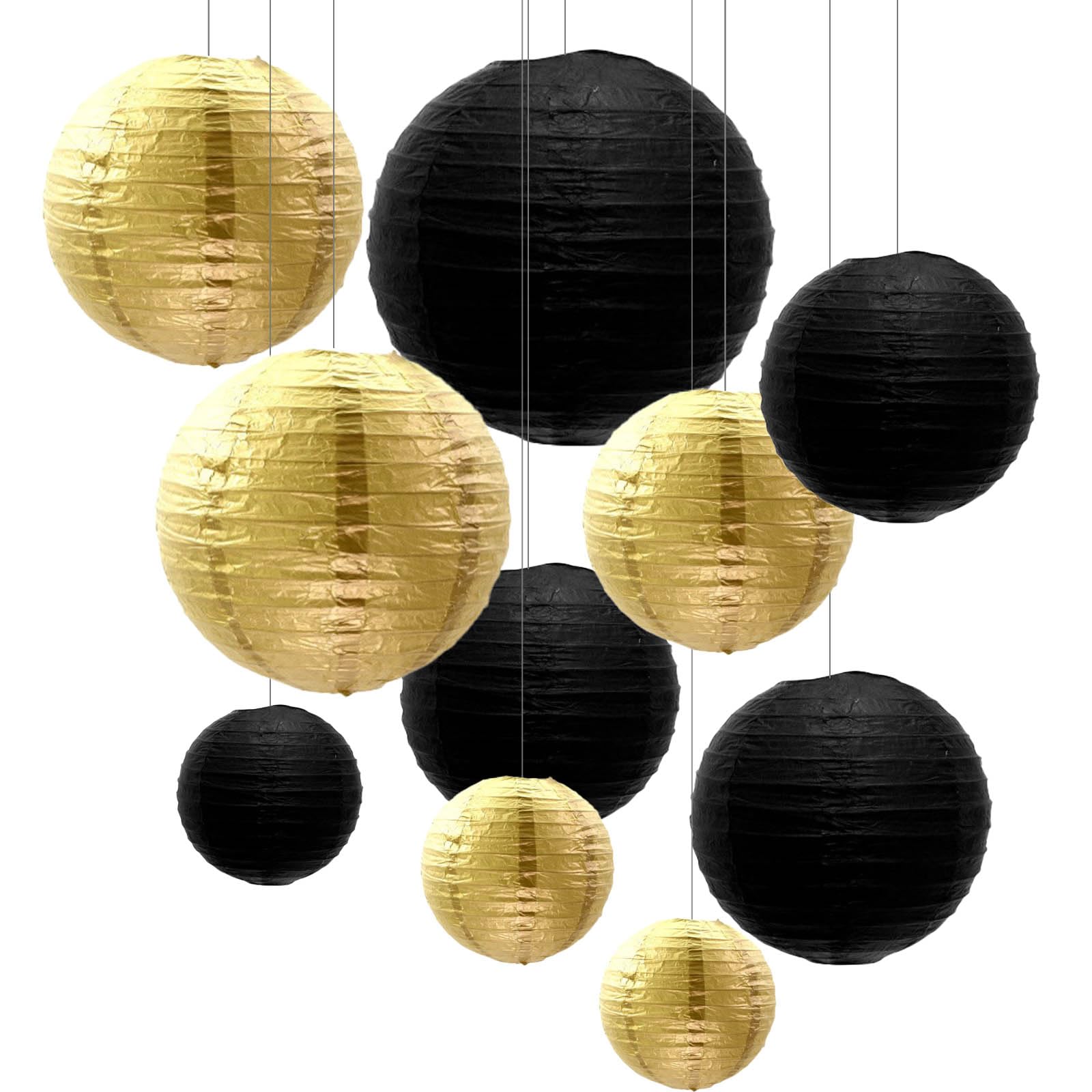 ZOOYOO 10pcs Paper Lanterns,Black Gold Round Hanging Paper Lanterns Decorations for Graduation,Anniversary,New Year,Farewell,Retirement,Birthday Party,Graden Decor