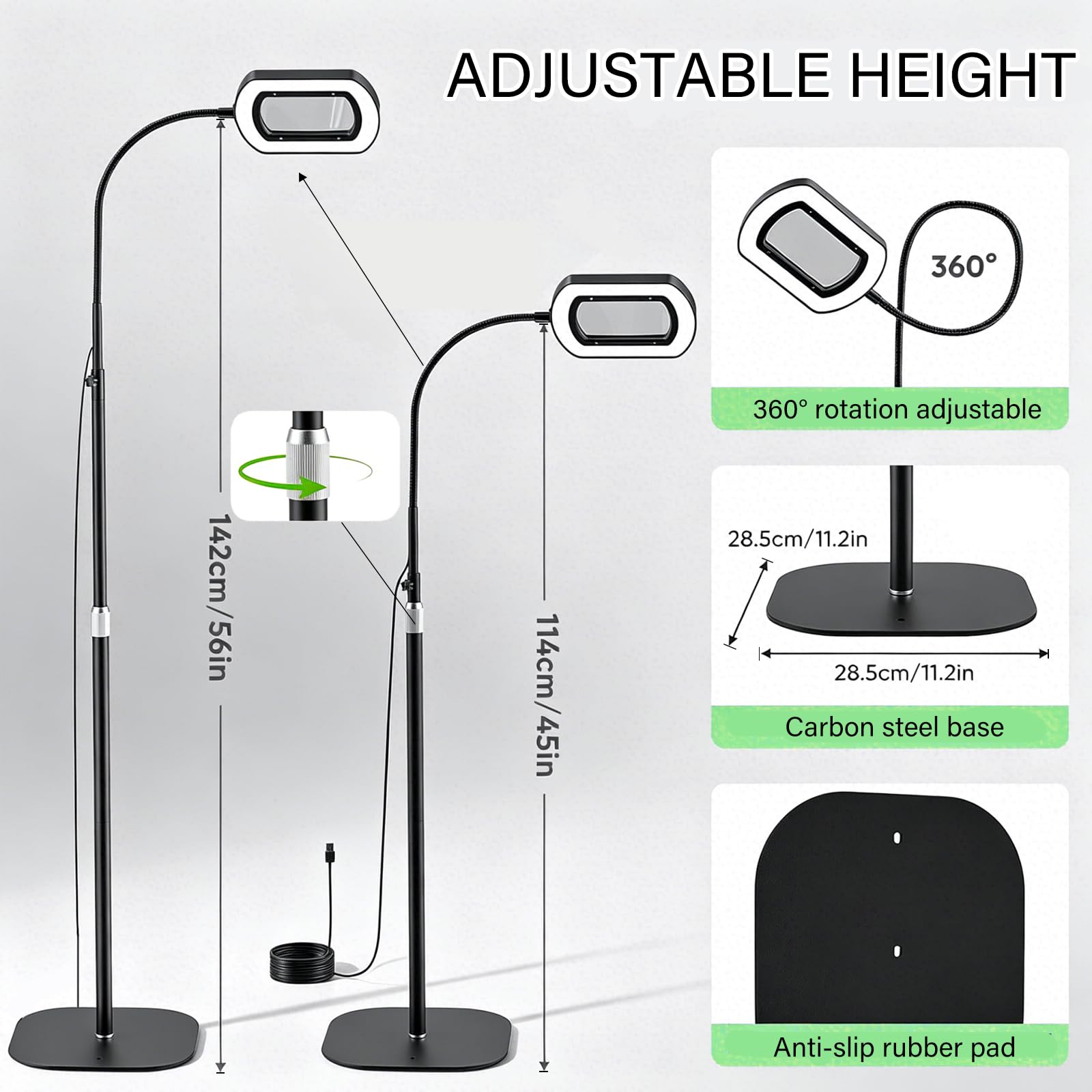 Lupa de Pie LED 3 en 1 con Cuello Cisne Flexible, Lupa de Gran Aumento con Luz Regulable en Color e Intensidad, Lámpara Lupa para Lectura de Ancianos