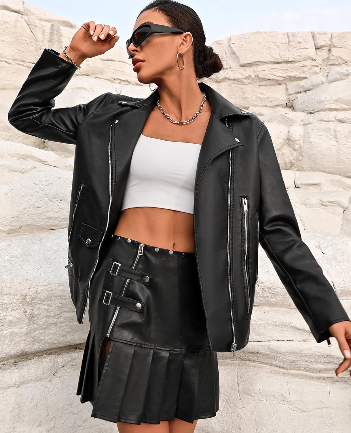 LY VAREY LIN Women Faux Leather Jacket Lapel Collar Motorcycle Zip Up Long Sleeve Motor Biker Short Coat Jacket - Image 3