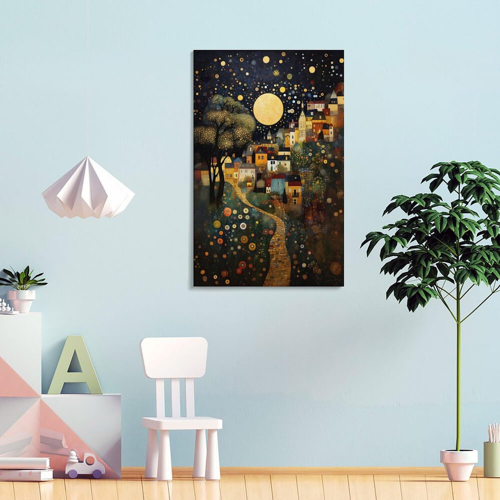 Gustav Klimt Mond Nacht Himmel Landschaft Florale Wandkunst Pflanzen Poster für Zimmer Ästhetik Leinwand Wandkunst Schlafzimmerdekor 40 x 60 cm (16x24 Zoll)