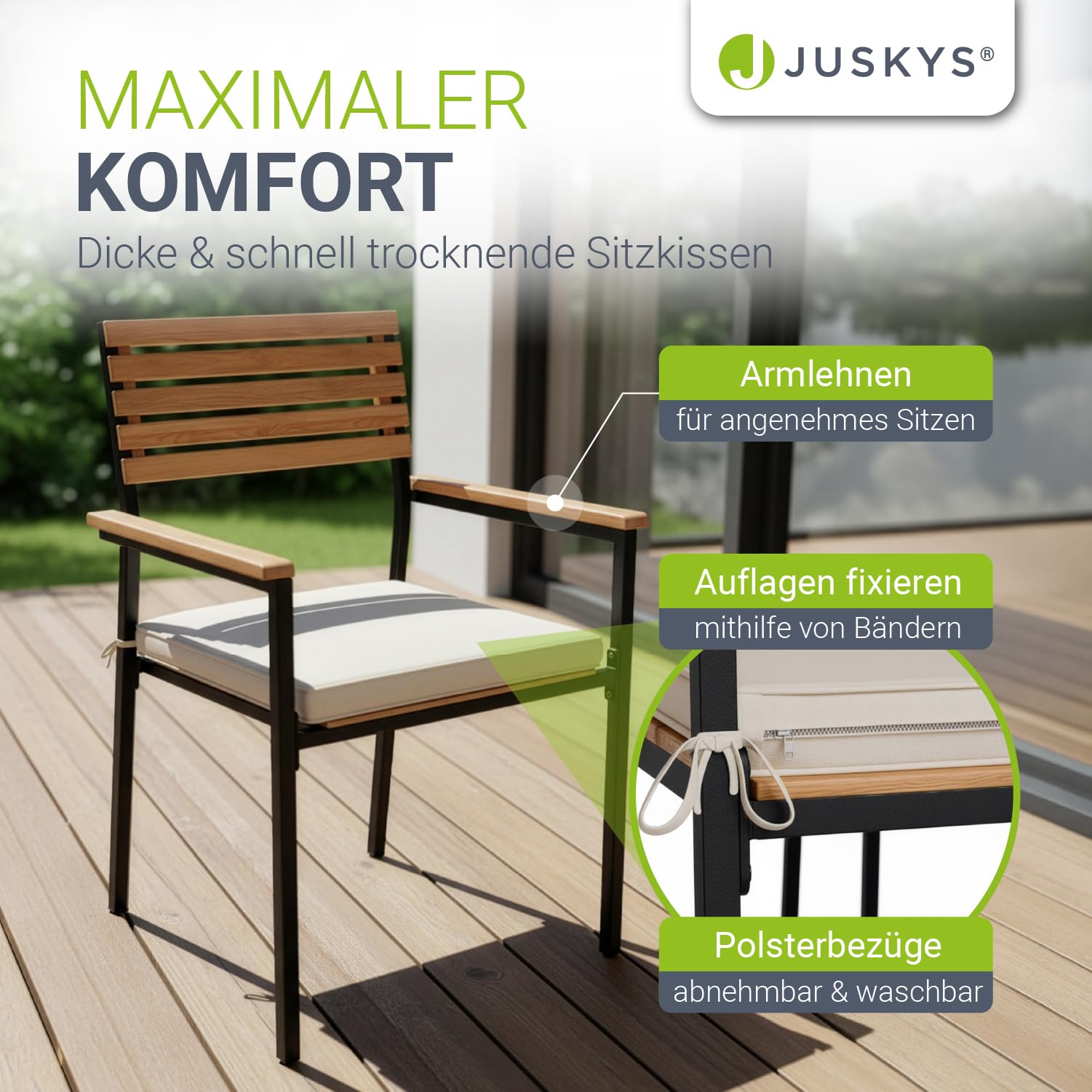 Juskys® Akazienholz Gartengarnitur Rhodos | Tisch, 6 Stühle & Sitzkissen | Holz Gartenmöbel Set 7-teilig | Sitzgruppe mit Stahlgestell für Garten, Terrasse oder Balkon | Natur & Schwarz