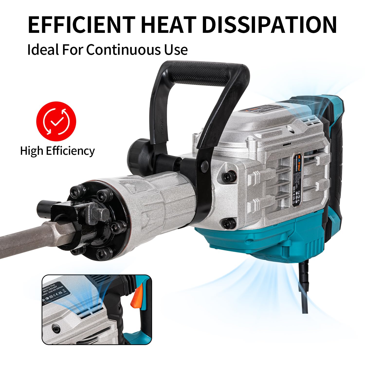 KATSU Tools Martillo Demoledor de 1700W, Fuerza de Impacto de 60J, 1900bpm, Antivibración, Mango Lateral Multiposición, Cinceles Puntero y Plano, Maletín de Transporte, Modelo 101107