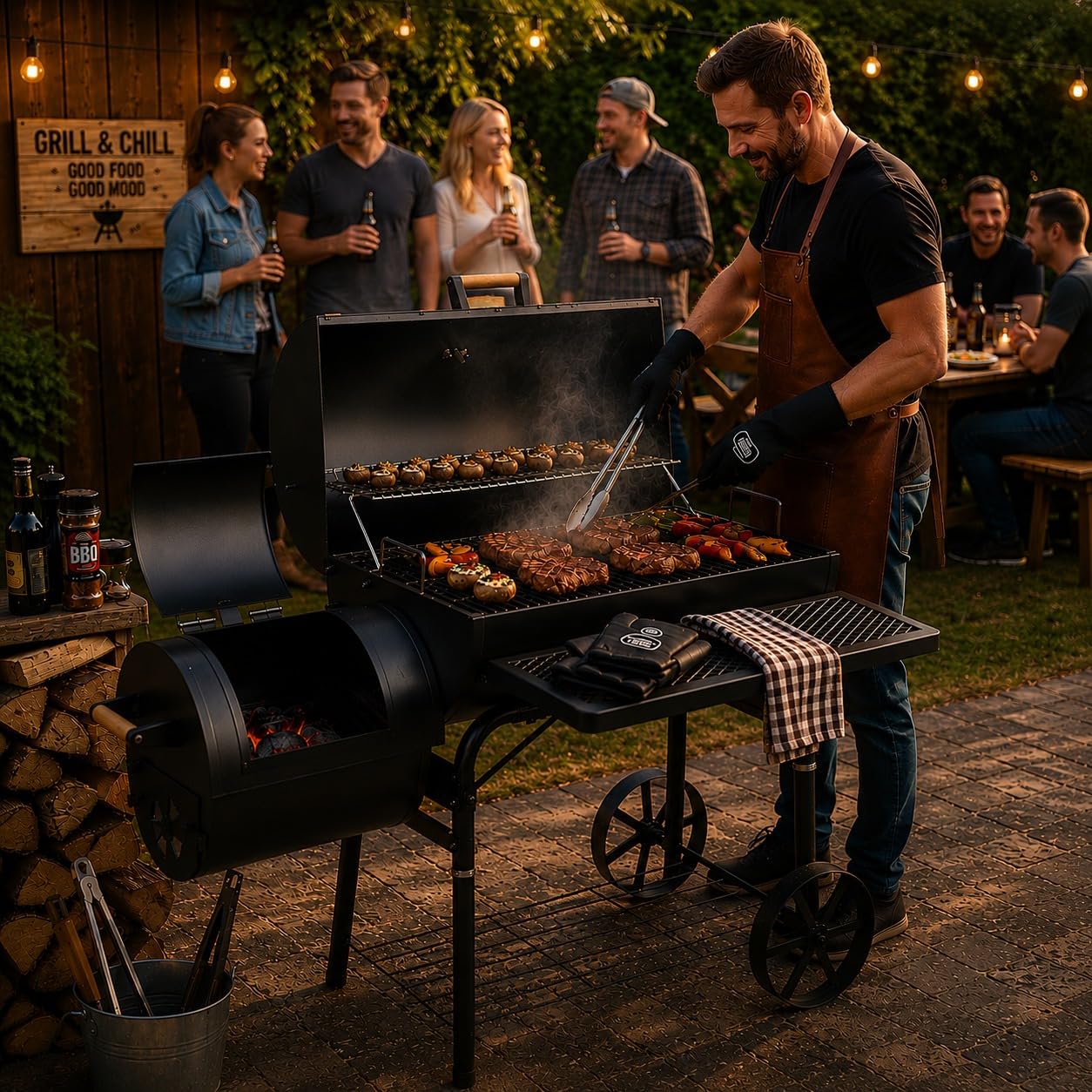 30 Kg Smoker Grill mit Abdeckhaube XL BBQ Smoker GRILLWAGEN Holzkohle Grillkamin Standgrill Räucherofen Zubehör Holzkohlegrill Schwarz Räuchergrill mit Thermometer & Rädern Deckelthermometer