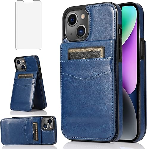 Funda compatible con iPhone 15 Plus de 6.7 pulgadas con protector de pantalla de vidrio templado, tarjetero y soporte de cuero para teléfono celular