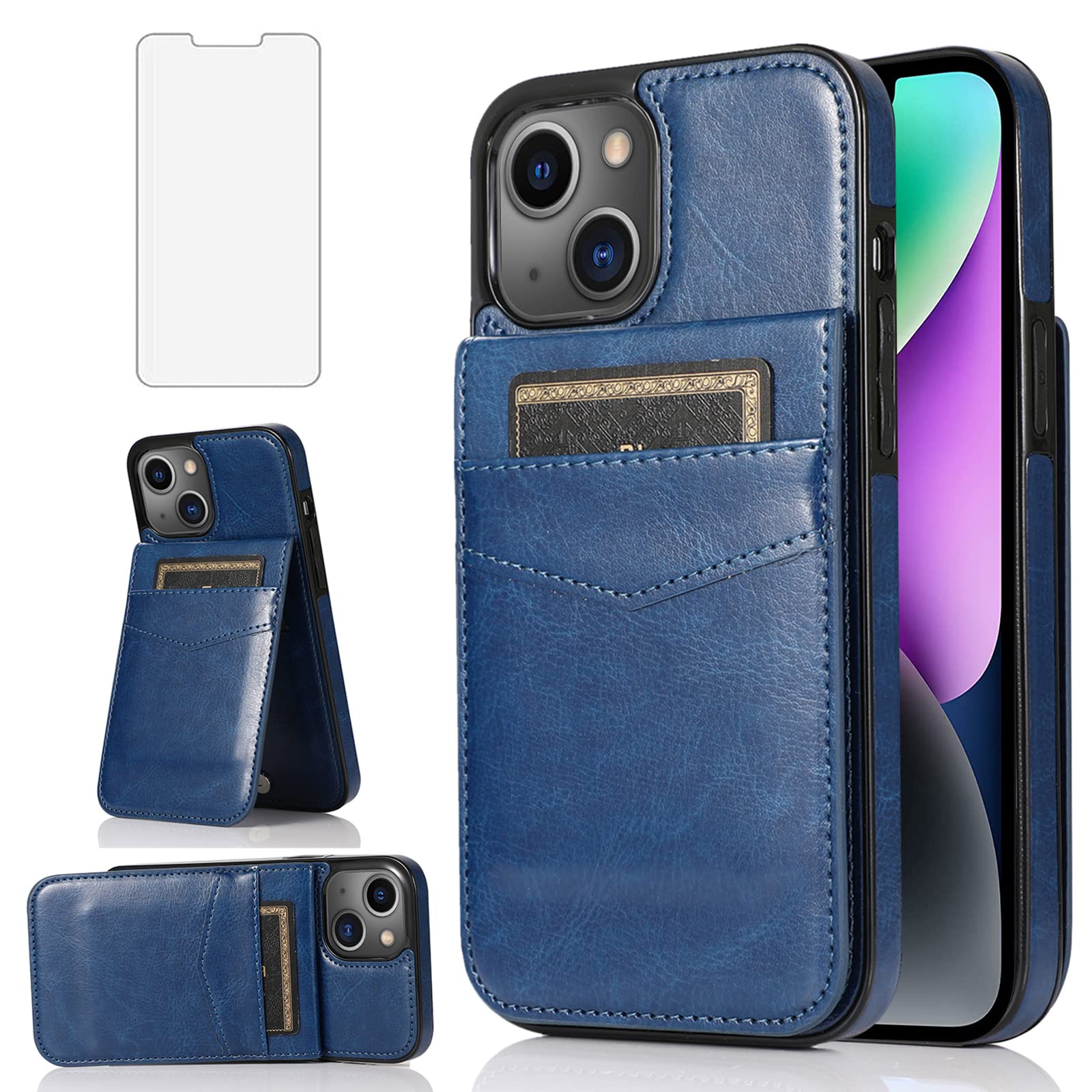 Asuwish Compatible with iPhone 15 6.1 inch Case with Tempered Glass Screen Protector and Credit Card Holder Wallet Cover Stand Leather Cell Accessories iPhone15 5G i i-Phone i15 15Case Women Men Blue