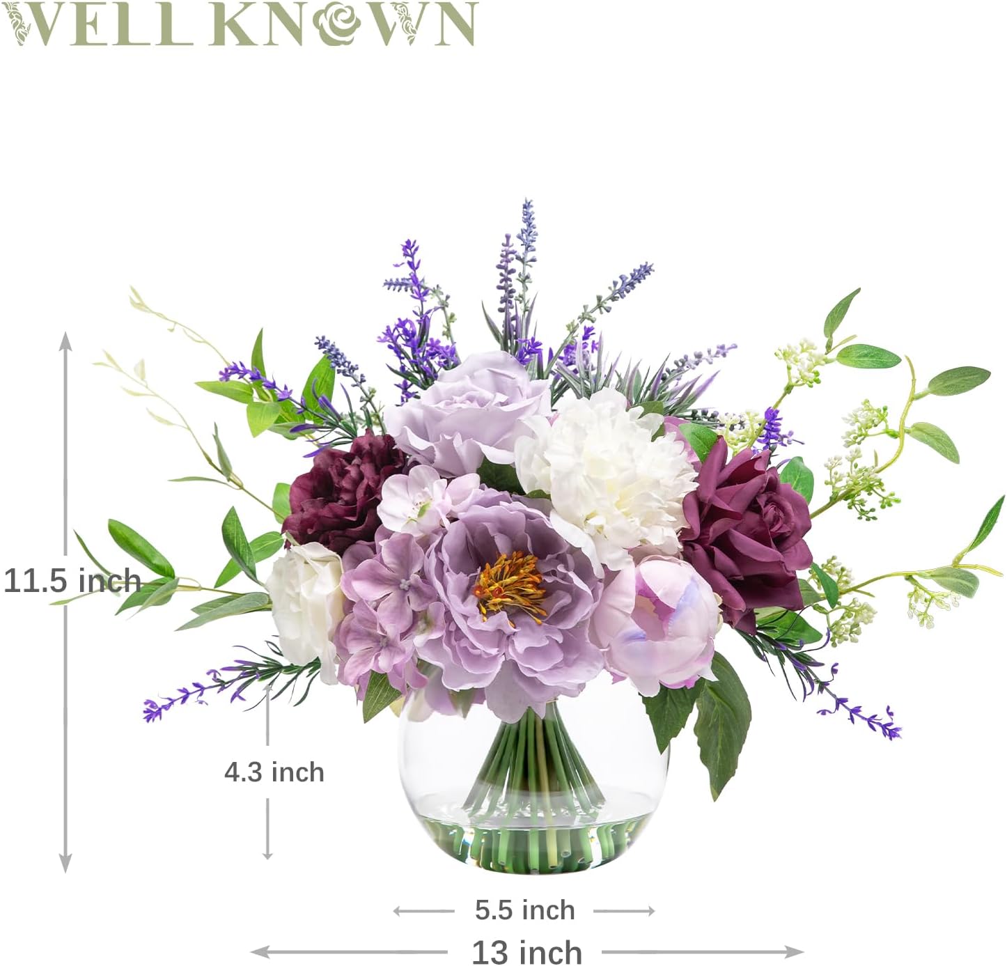 Artificial Flowers in Vase for Home Decor, Fake Lavender & Silk Peony Flower Bouquet Centerpieces in Glass Vase with Fake Water for Party Wedding Dinning Table Office Hotel Decor (Lavender Mixed Plus) - Image 5