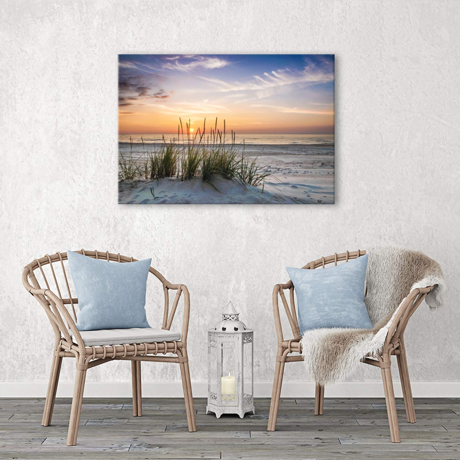Feeby Bilder Meer Grass Strand Sonnenuntergang XXL 120x80 cm 1Teilig Wohnzimmer Schlafzimmer Wandbilder Leinwandbilder Bild auf Leinwand Kunstdruck Wanddeko Nordsee Landschaft Wasser Orange
