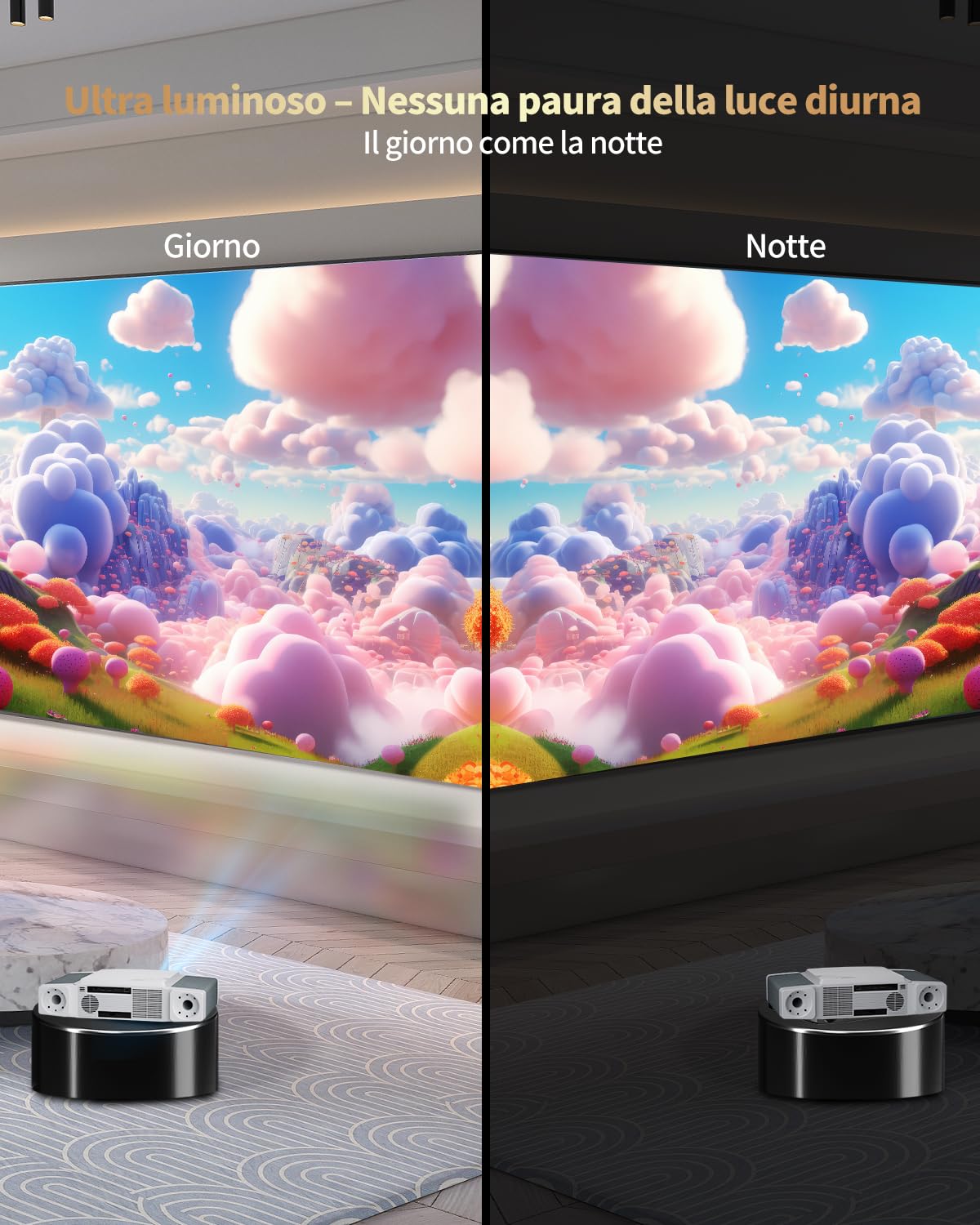 Proiettore Smart 4K, 2500 ANSI per esterni da giardino, camera e home theater. 1080P nativo con staffa elettrica nascosta, autofocus keystone, WiFi 6 Bluetooth, 300" IMAX Enhanced.
