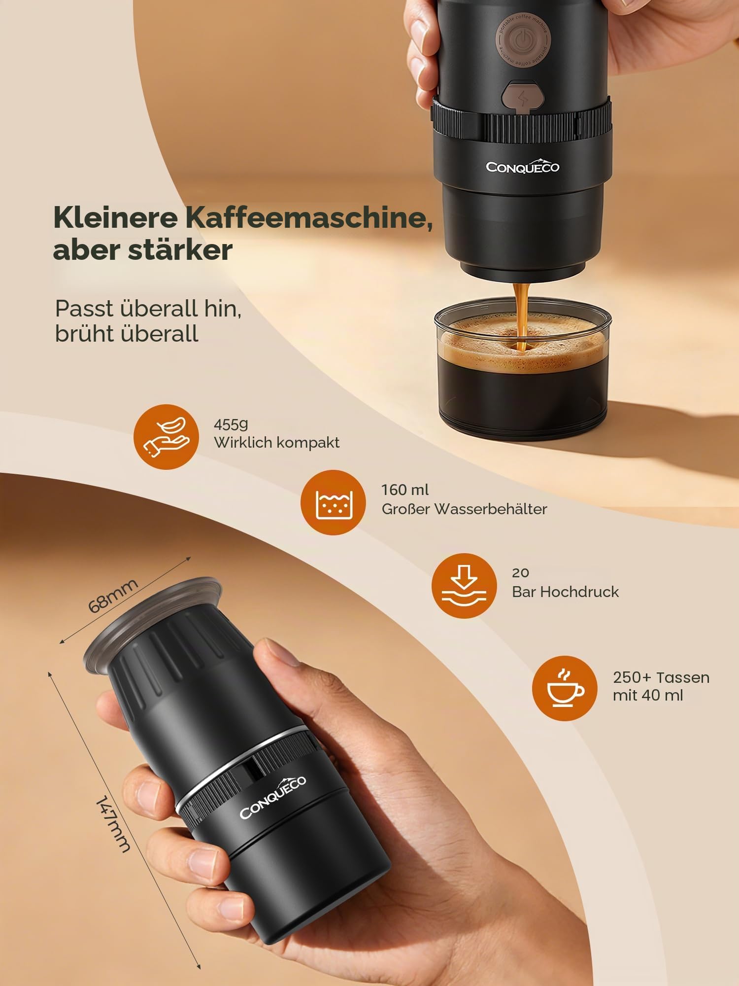 CONQUECO Tragbare Espressomaschine für Unterwegs: Mini Kaffeemaschine to go Akku - 160ml Tassen Kaffeeextraktion - für gemahlenen kaffee und NS kapseln (Keine Selbstheizung)