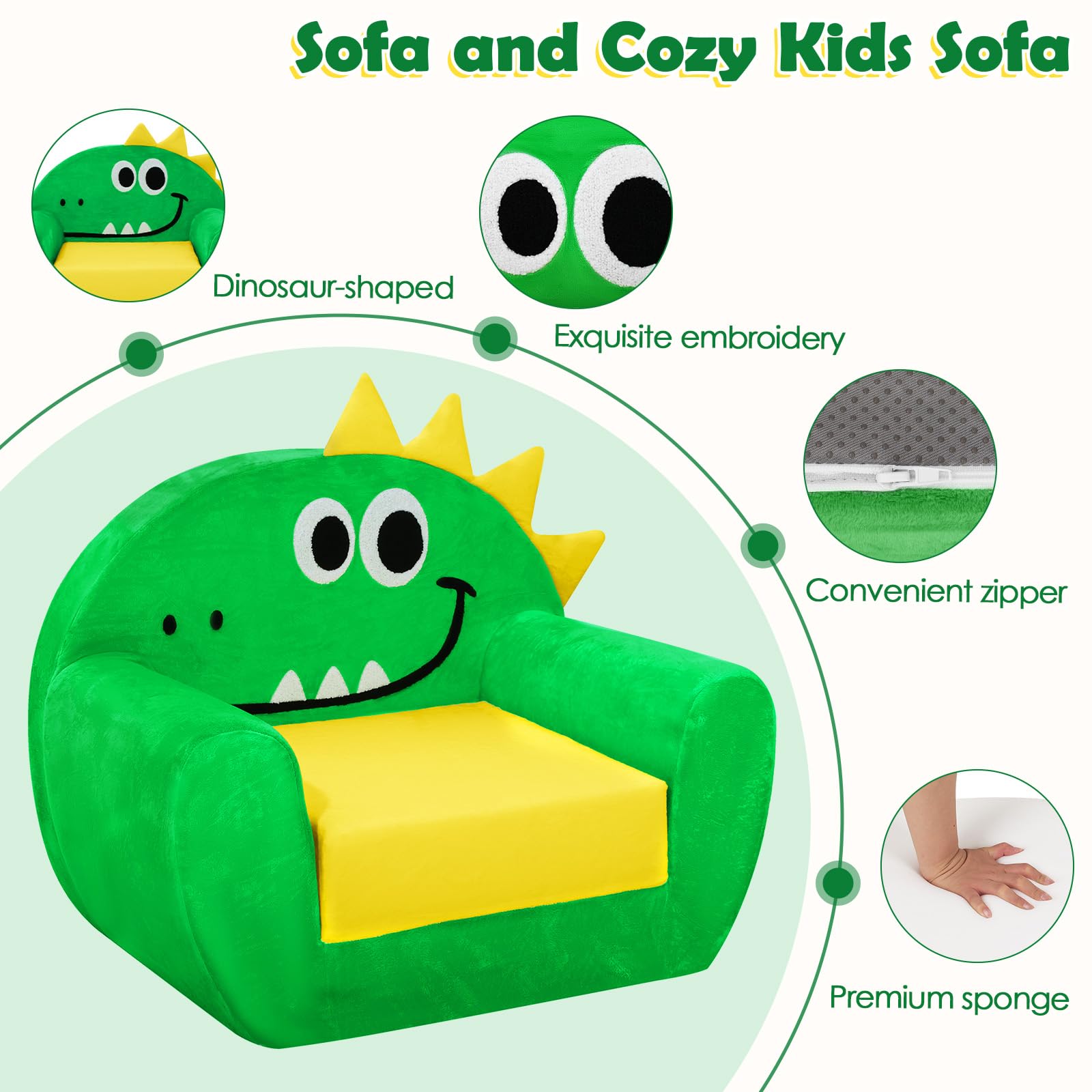 Poltroncina per Bambini 2-in-1,Cartoon Comodi Sedia Bambini,Morbido Letto Bambina per Soggiorno, Sala Giochi,Dinosauro Verde