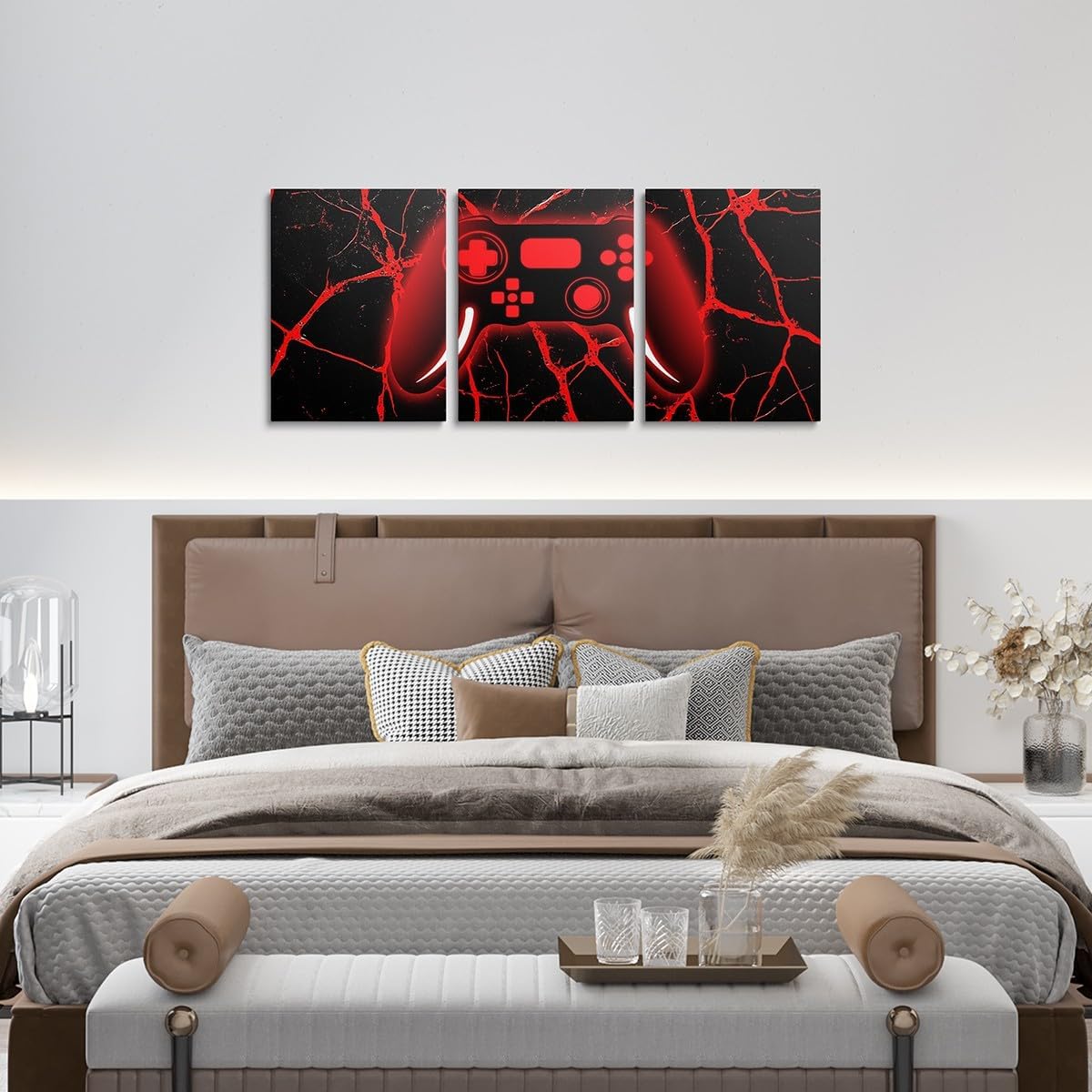 Feelyou 3pcs Kids Boys Gamer Canvas Wall Art for Living Room Gaming Picture Wall Decor for Dining Room Bedroom Bathroom Geometric Red and Black Game Controller Poster Painting for Home Decor