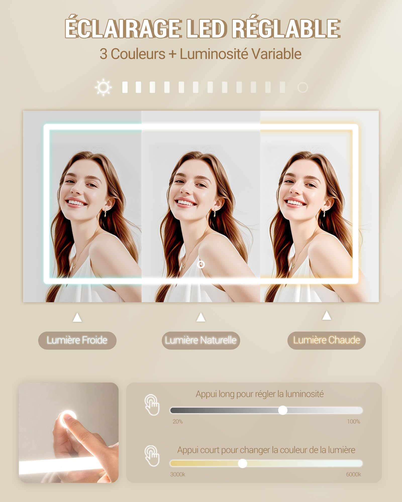 Hzuaneri Coiffeuse avec Grand Miroir, Coiffeuse avec Éclairage LED, Blanc