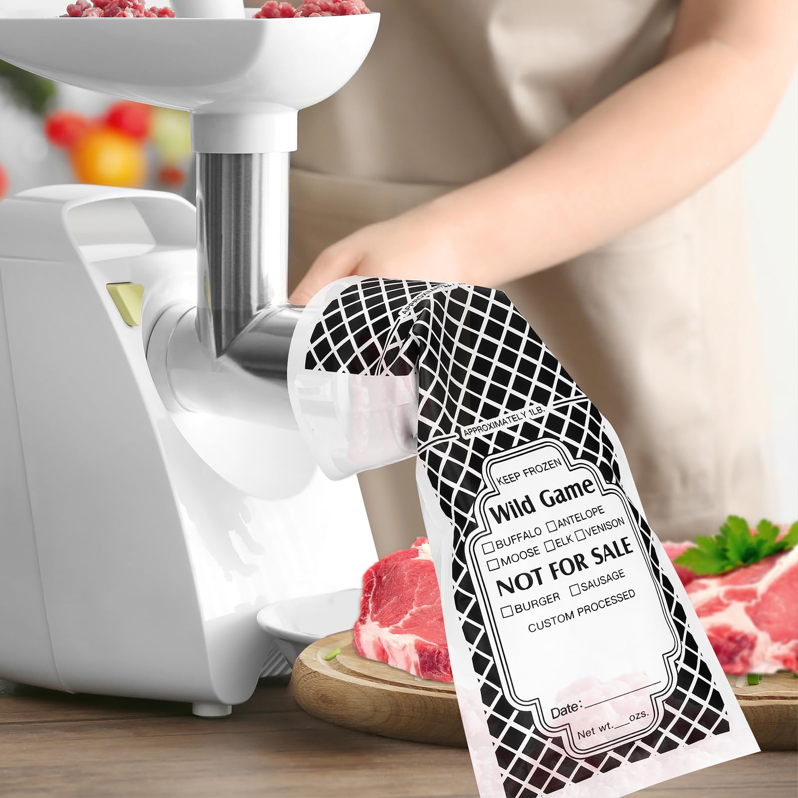 Paquete de 1500 bolsas de carne de caza salvaje para congelador, bolsas de carne molida de 1.5 libras y hamburguesas para proteger tu carne de quemaduras por congelador 6