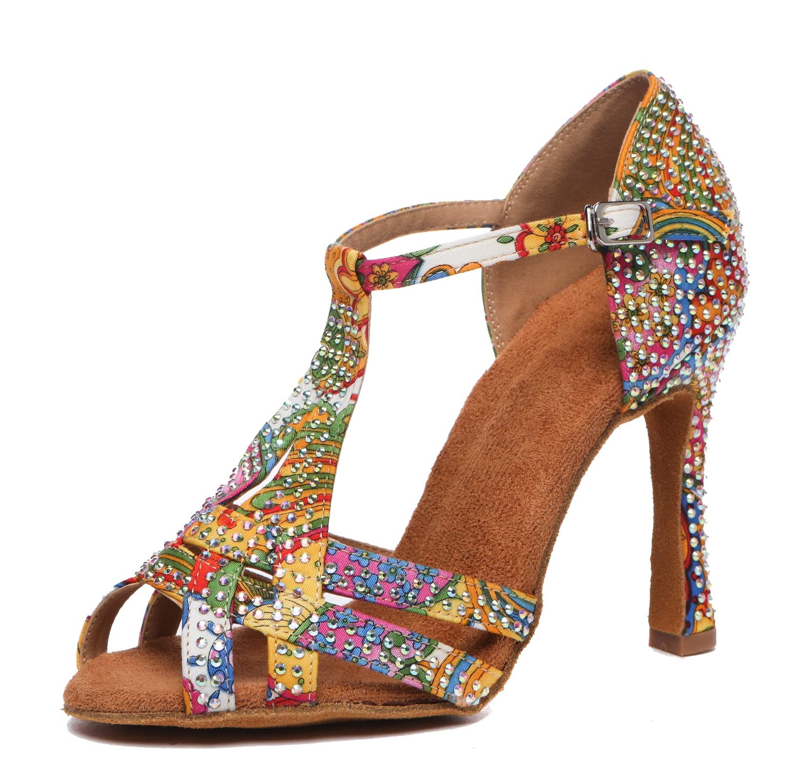 Minishion T-Strap Dance Shoes for Women Rhinestones Wedding Sandals L547 Multicolor US 10