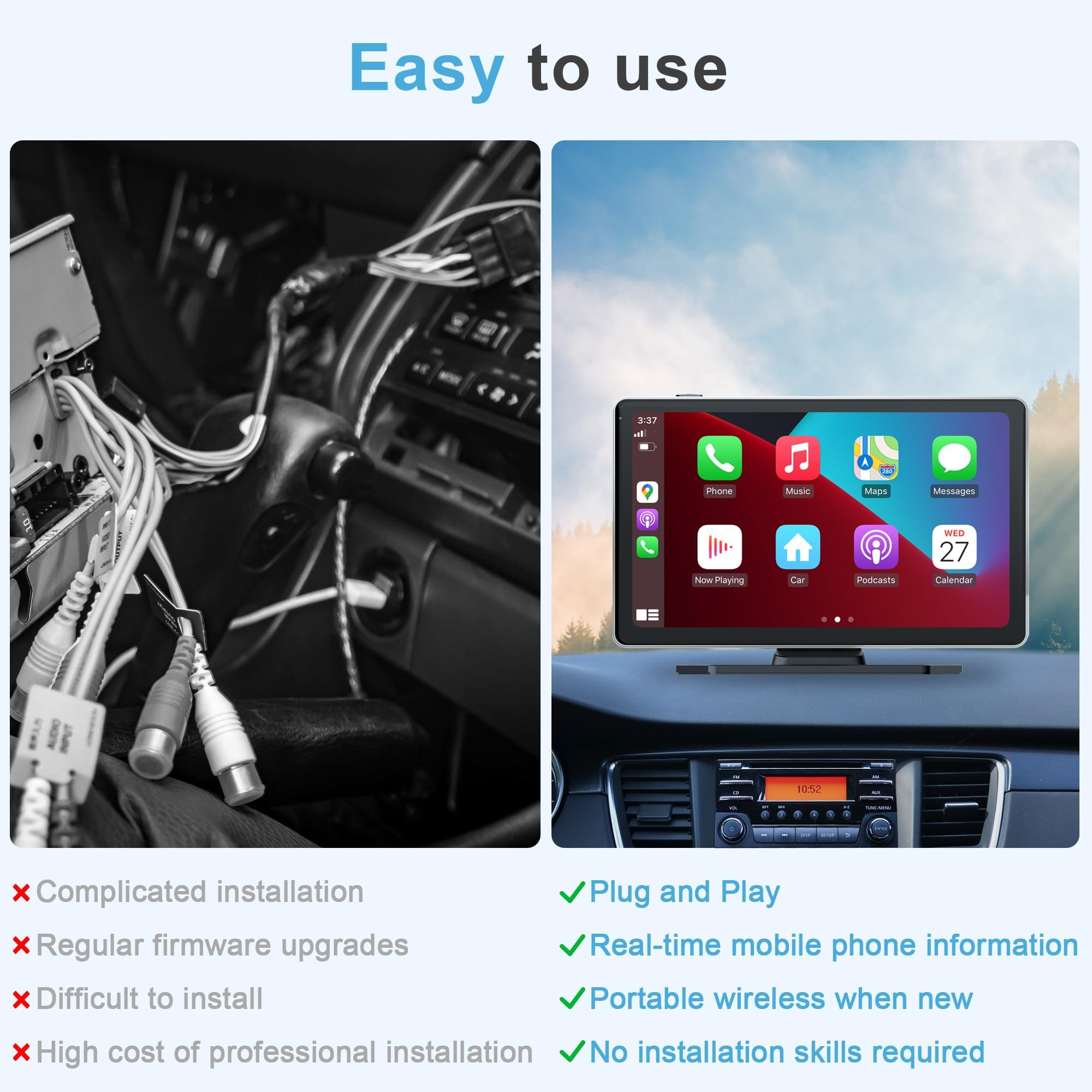 Wireless Car Stereo,9 Inch CarPlay Screen for Apple Car Play & Android Auto,Portable Touch Wireless Car Play Screen Mirror Link Music Video Player, with 4K Front+Rear 1080P Dual Camera Dash Cam — view 9