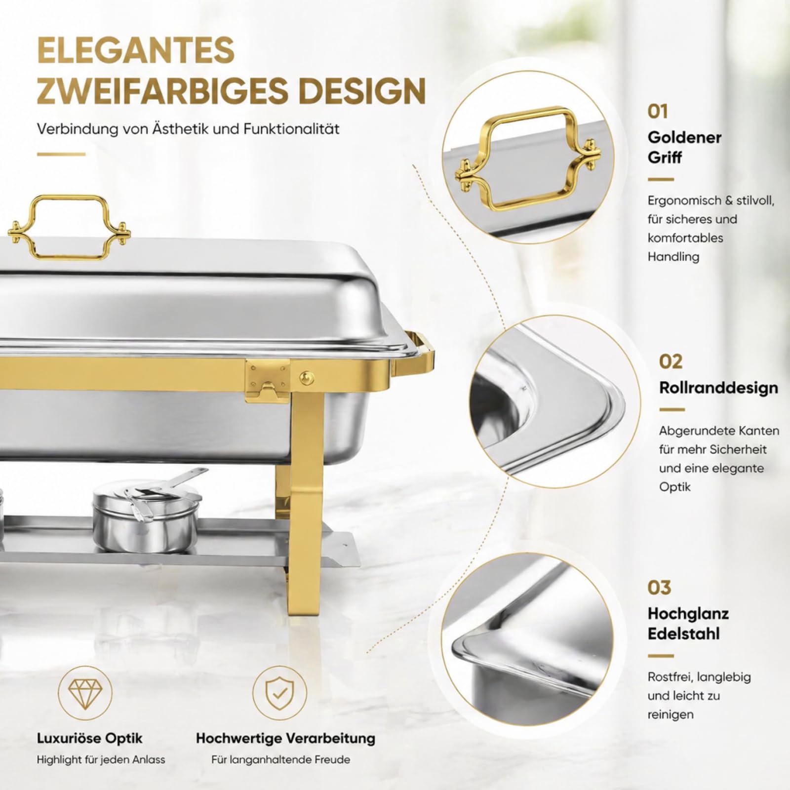 Set scalda buffet in acciaio inox, 2 l + 9 l, con effetto oro, 2 in 1, per catering ed eventi, pieghevole, antiruggine, con controllo della temperatura e supporto del combustibile