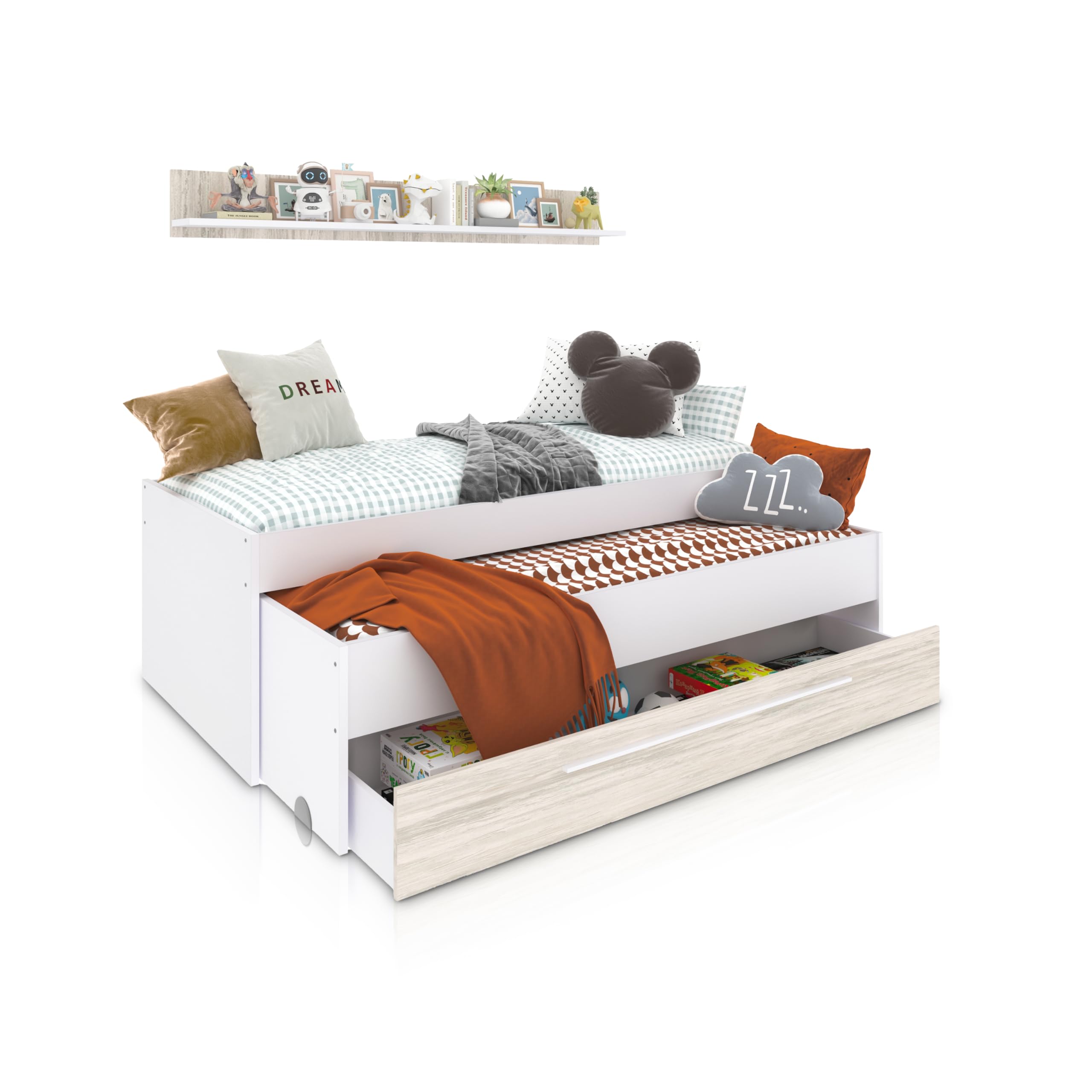 Cama Nido Juvenil 2 Camas Cajon Estante Modelo Nuit Blanco 199x96x65 cm