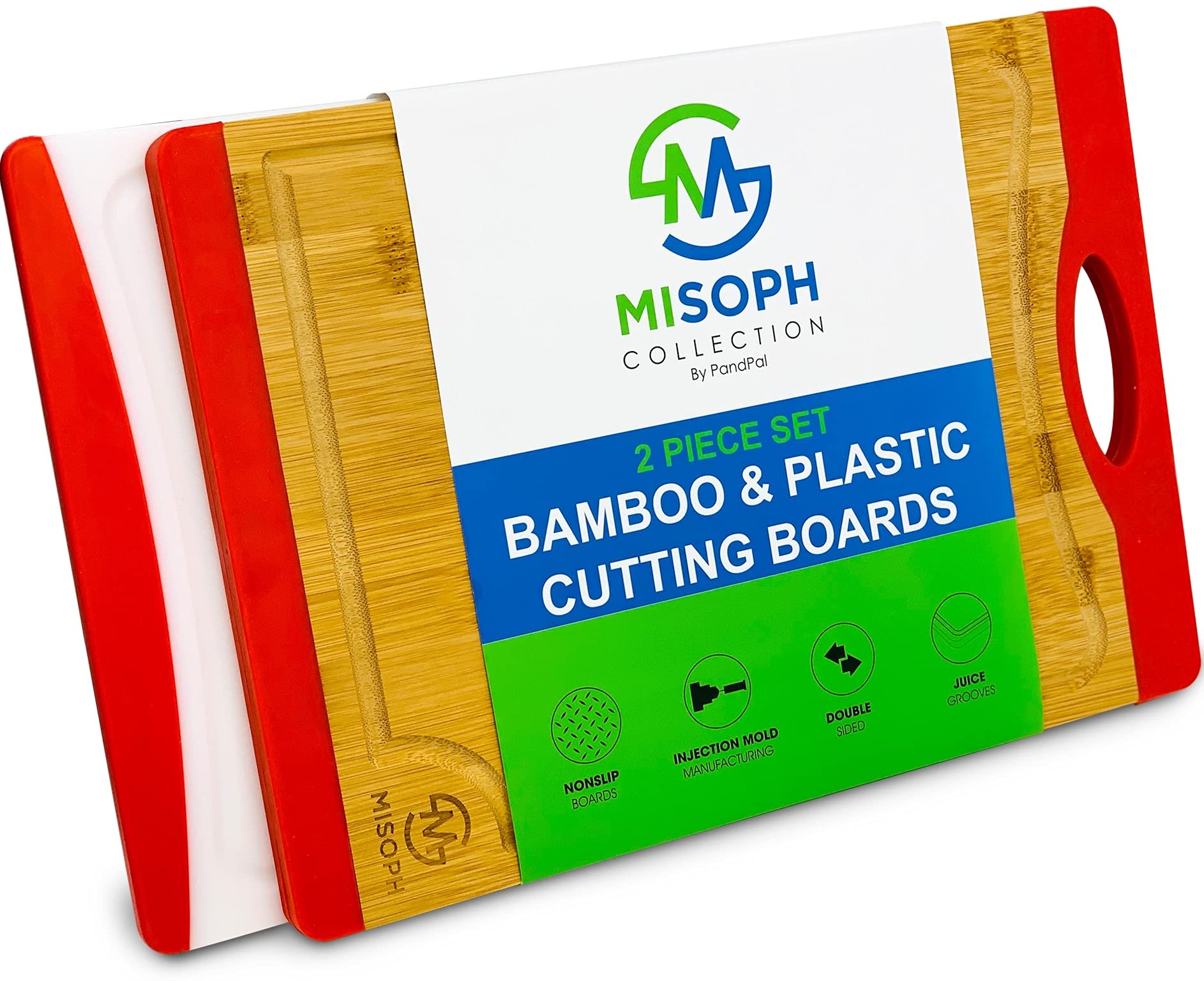 Organic Bamboo and Plastic Cutting Boards for Kitchen (2 Piece Set), Featuring Juice Grooves, Non-Slip, Grip on Granite Counter, Double Sided Chopping Board, BPA Free, by PandPal