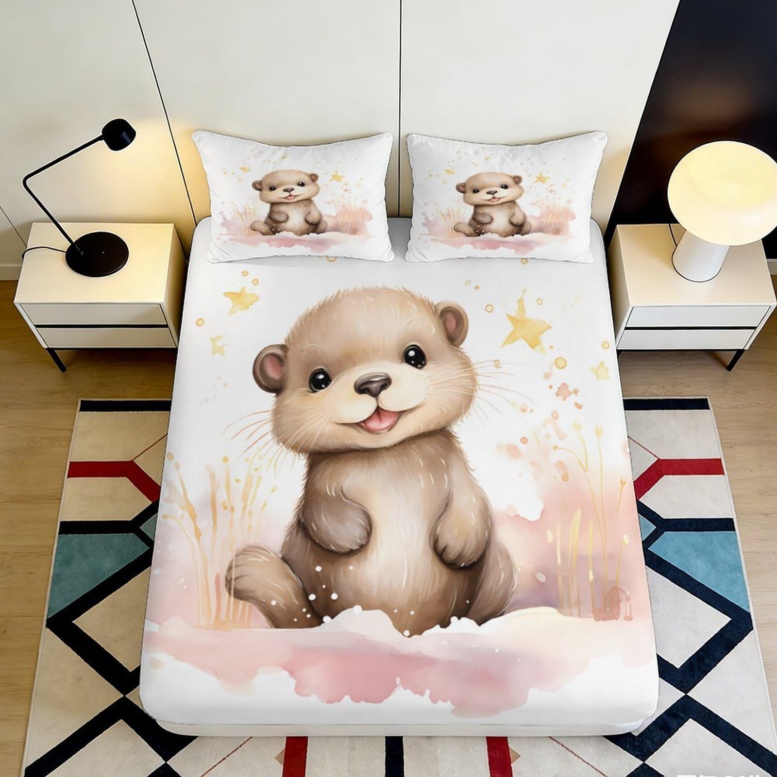 3D Printed Cute Otter Fitted Sheet Microfiber Soft Non-slip Cartoon Animal Mattress Cover for Bedroom Dorm Easy Care 160x200x25cm
