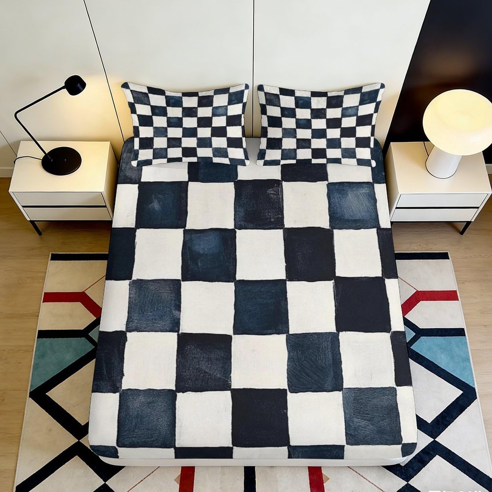 3D Printed Checkerboard Fitted Sheet Microfiber Soft Black White Geometric Bed Cover for Bedroom Dorm Mattress Protection Decor 90x200x25cm