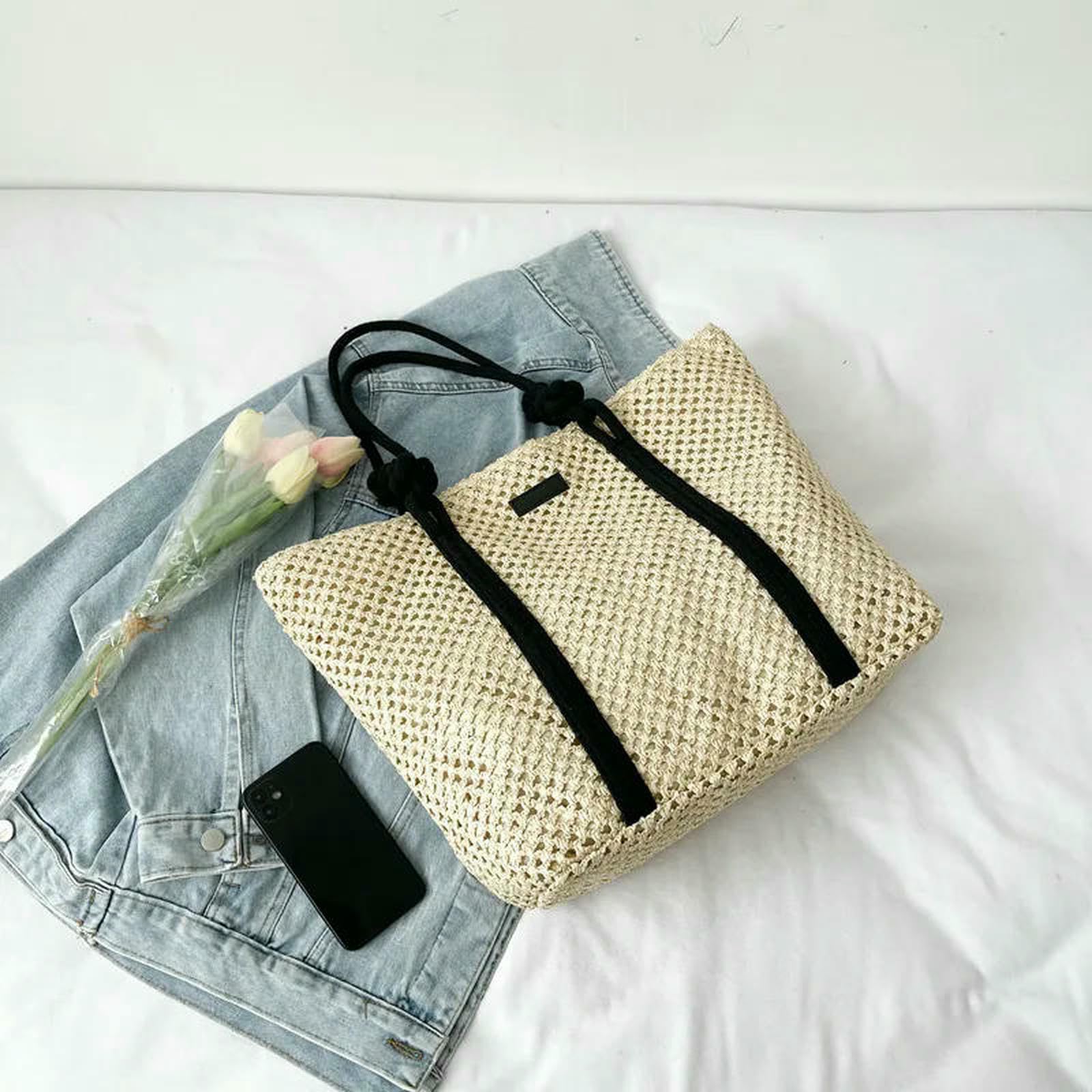 Borse di Paglia Borsa da Donna Elegante in Intrecciata Spiaggia per Le Vacanze Shopper Casual con Manico Superiore A Tracolla sotto Ascelle alla Moda-beige-37x14x34 Cm