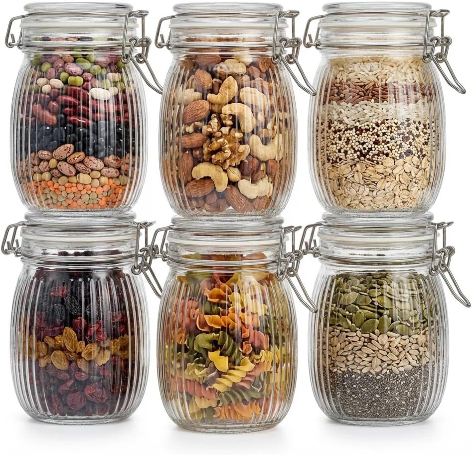 26oz Large Glass Jars with Airtight Lids, Set of 6 – Mason Jars for Spices, Herbs, Jam, Jelly, Honey, Candy, Sugar, Beans, Desserts, Parfaits, Kitchen & Pantry Storage