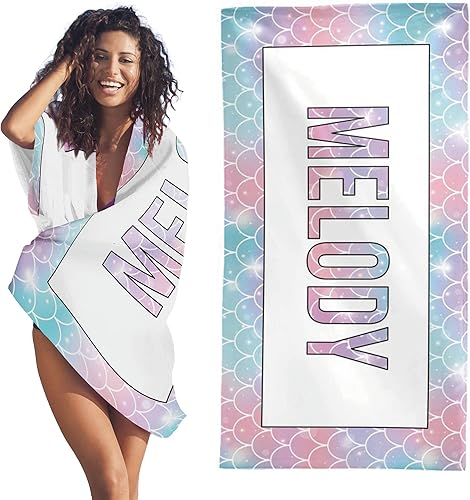 Miniatura 2 de YESCUSTOM Toalla de playa personalizada, toalla de playa de sirena personalizada con nombre personalizado, absorbente, de secado rápido, prool de