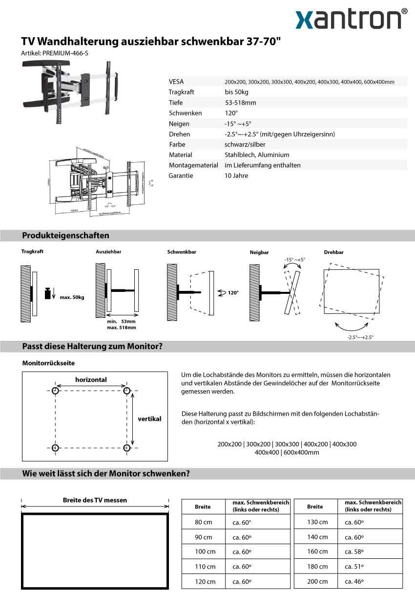 Mounting Kit Xantron PREMIUM per TV 37-70 Pollici - Mobile e Tiltabile - Dettaglio