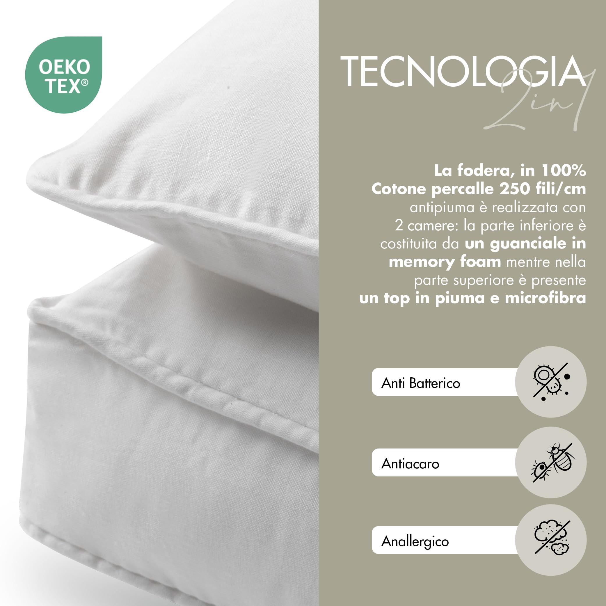 EMTEX Cuscino Letto DOPPIO COMFORT ANTIBATTERICO Lato PIUMA D'OCA/MICROFIBRA Lato MEMORY FOAM Viscoelastico SFODERABILE 100% COTONE Antipiuma Made in Italy (1, BIANCO)