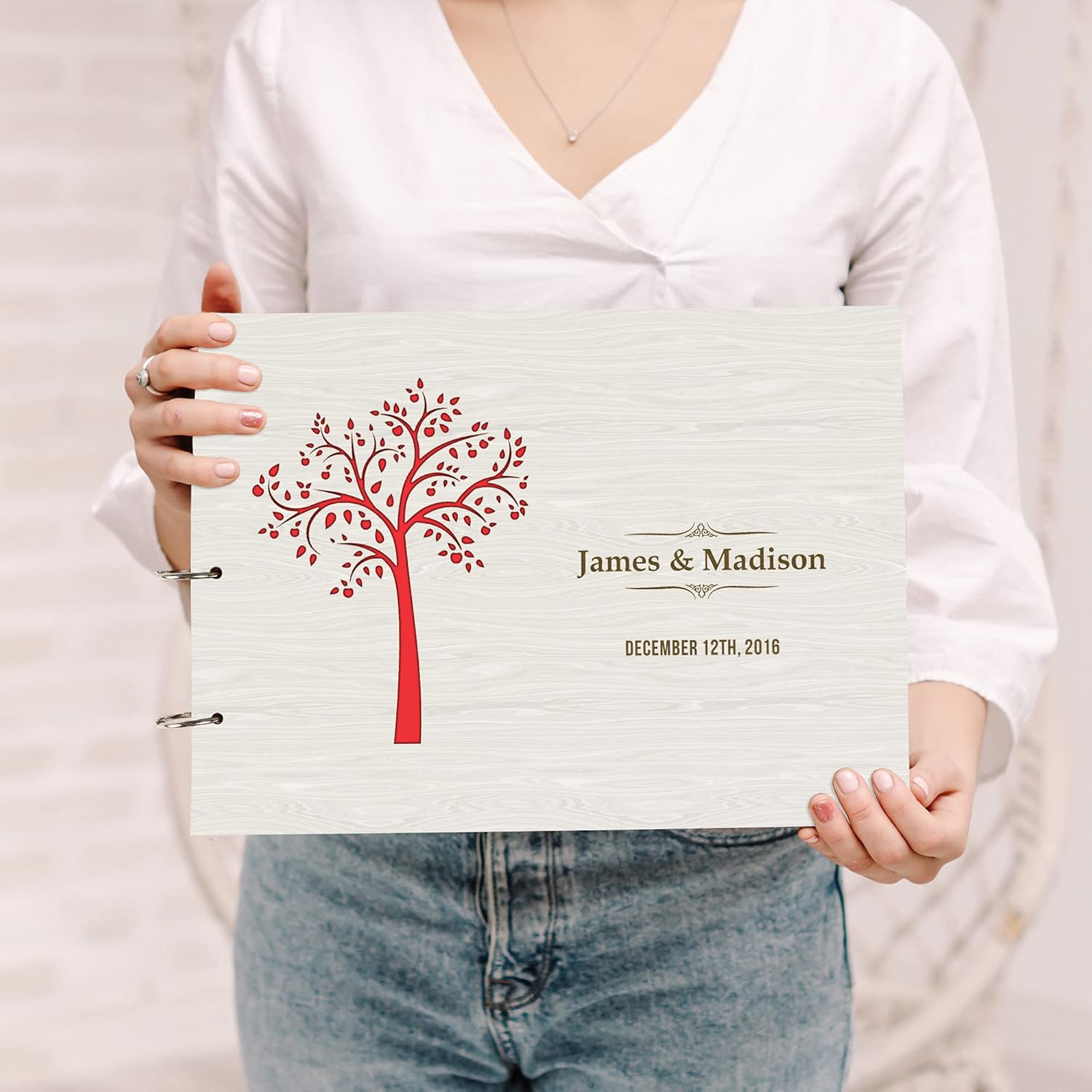 Darling Souvenir Personalized Engraved Laser Cut Wedding Guest Book Wooden Cover Sign-in Book Registry Guestbook Scrapbook-MD