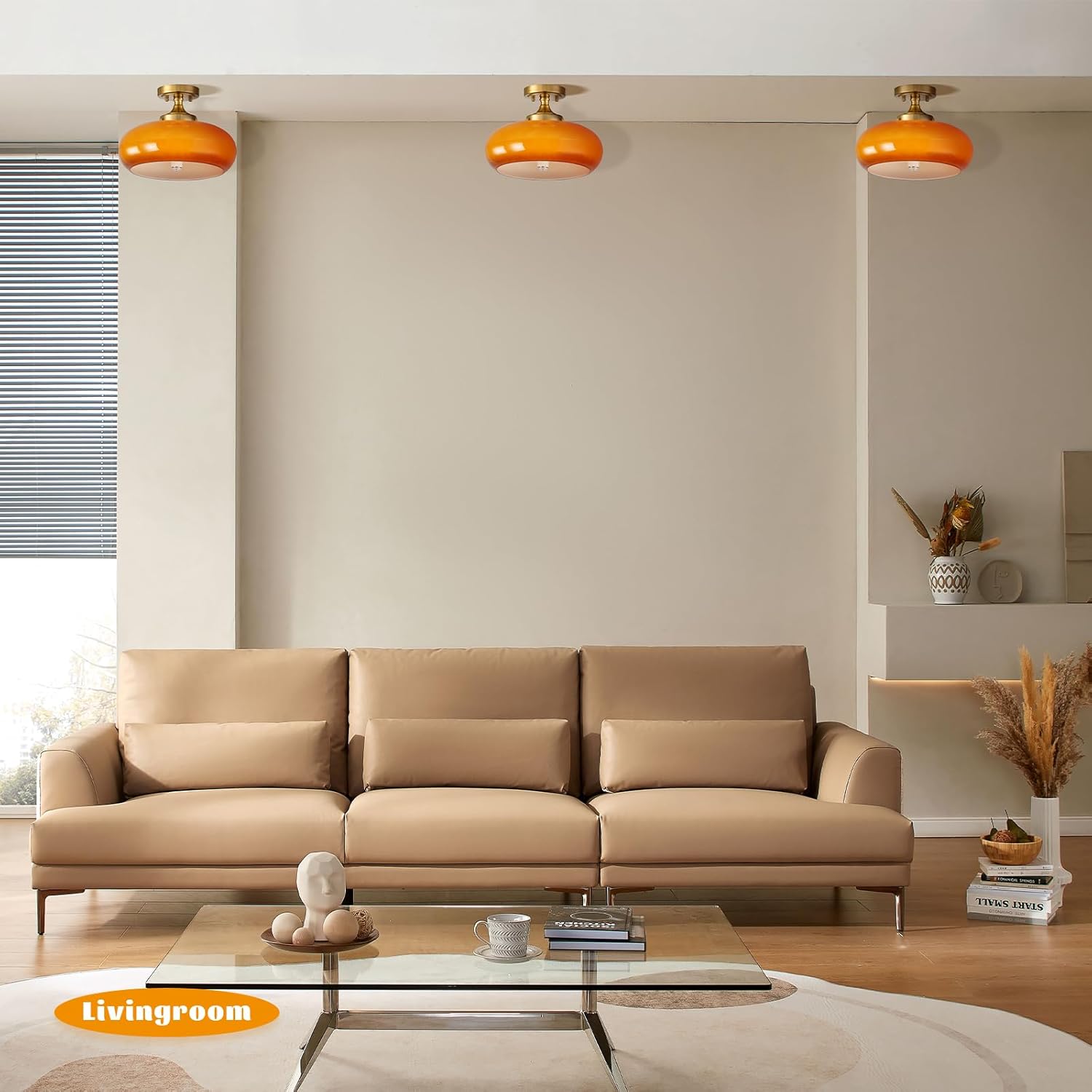 Mid Century Modern Semi Flush Mount Ceiling Light, Orange Vintage Glass Ceiling Lamp for Kitchen Hallway Living Room Entryway Bathroom Light Fixture