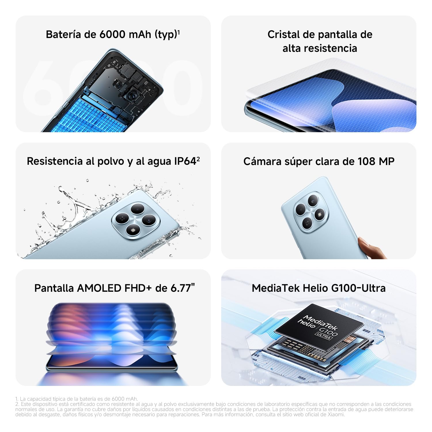 XIAOMI REDMI Note 15 - Smartphone de 8+256GB, Pantalla AMOLED FHD+ de 6,77", MediaTek Helio G100-Ultra, cámara de 108MP, batería de 6000 mAh, Cargador no Incluido, Azul Glaciar (Versión ES) — view 3
