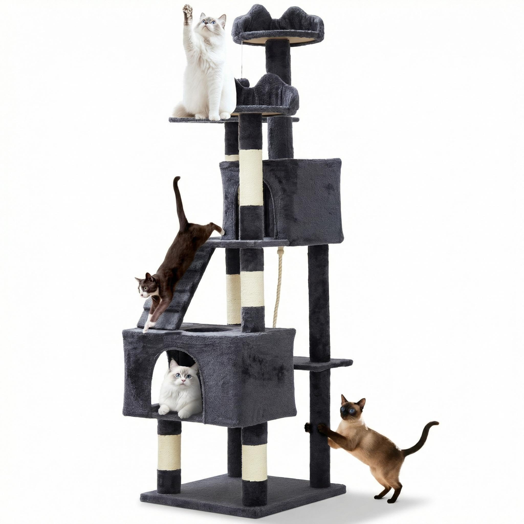 Garvee Árbol para Gatos de 183 cm de Altura, Rascador Grande de Varios Niveles con 2 Cuevas Espaciosas, 3 Plataformas Acolchadas, Postes de Sisal Natural, Rampa de Arañar y Bolas, Color Gris Oscuro