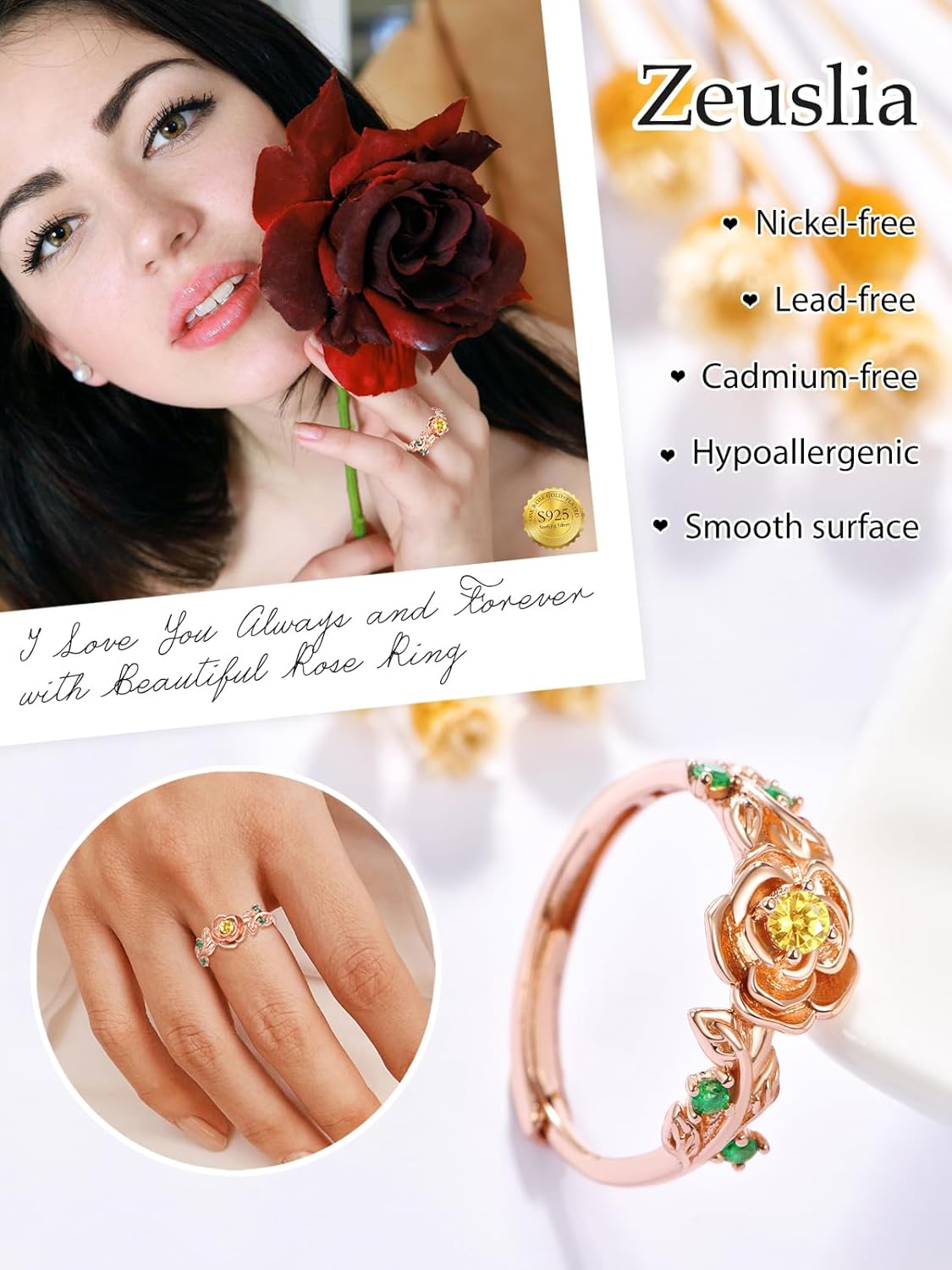November Birthstone Jewelry Citrine Ring Sterling Silver Rose Rings for Women Rose Gold Flower Rings Adjustable Rose Ring Jewelry Gifts for Women - Image 6
