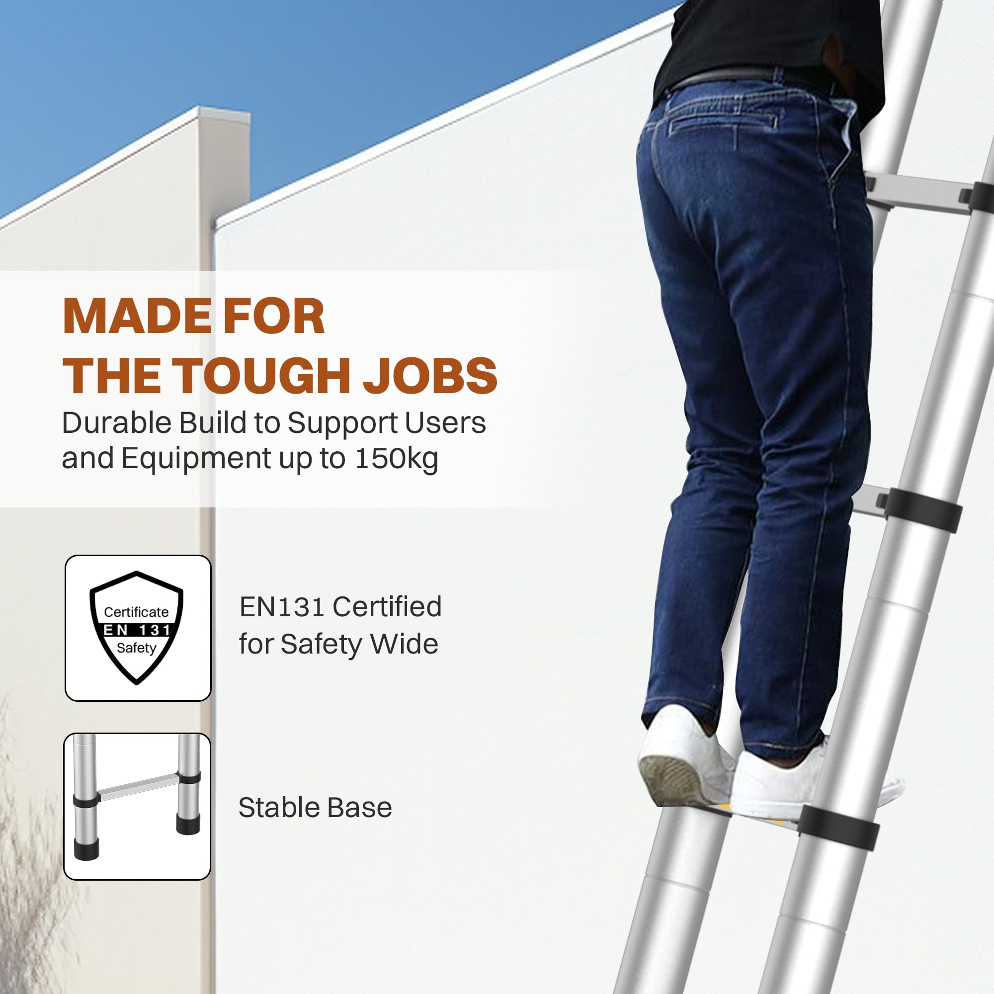 BonKaso VertiPro 3.8M(12.5Ft) Telescopic Ladder|Aluminum Ladder 13 Steps|Multipurpose for Home & Outdoor use with Self Lock Mechanism|EN131 Certified Max Load Capacity of 150kg — Amazon image 4