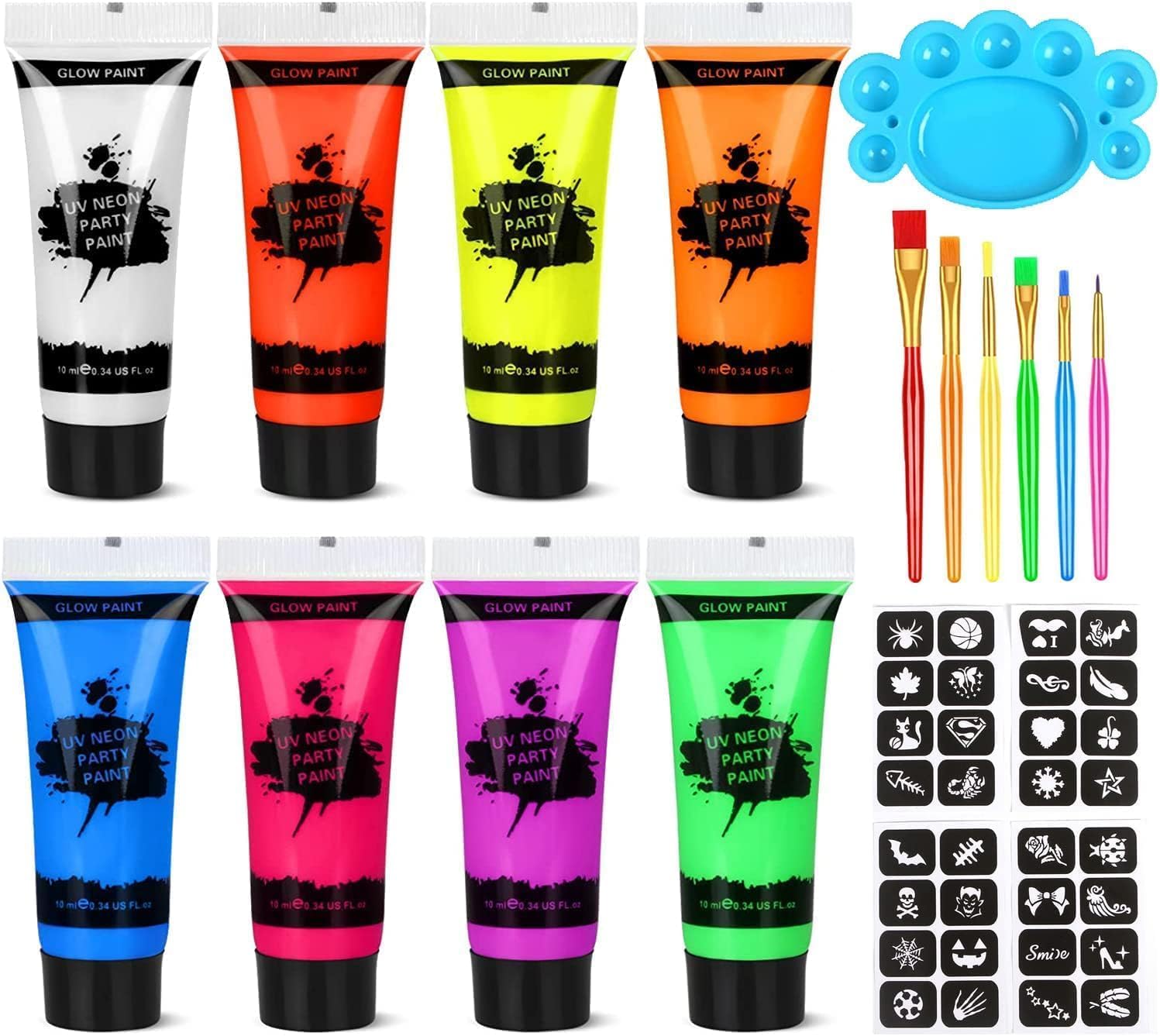 Face Paint, 8 Pcs Glow in Dark Face Body Paint, UV Blacklight Fluorescent Art Paint Accessories, Body Makeup Glow in the Dark Party Supplies