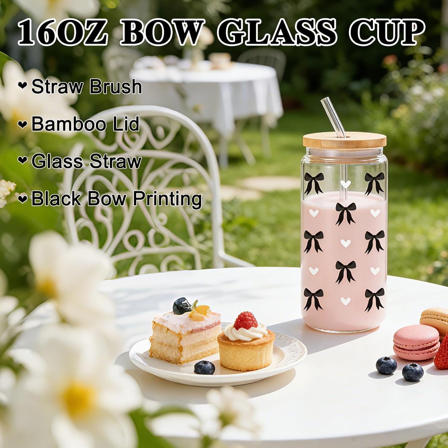 Regali per Ragazze Adolescenti di 8 9 10 11 12 13 14 15 anni, Regalo di Compleanno per Ragazza Dagli 8 ai 15 Anni, Tazza di Vetro con Coperchio e Cannuccia, Tazza da Caffè con Stampa nero Fiocco