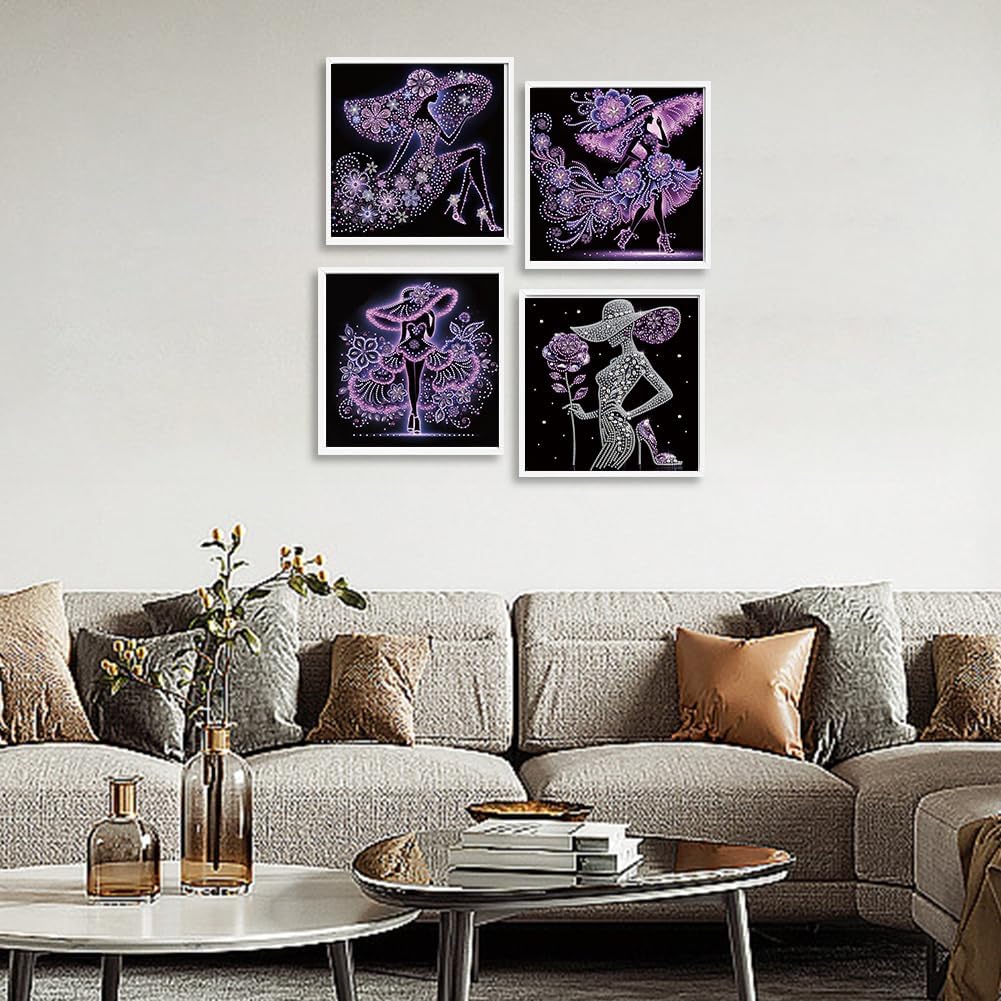 C'eitura 4Pcs Lady Diamond Art Painting Kit, 30x30cm 5D Resin Special Shape Partial Drill, Elegant Woman Wall Art, DIY Home Decor for Living Room & Bedroom