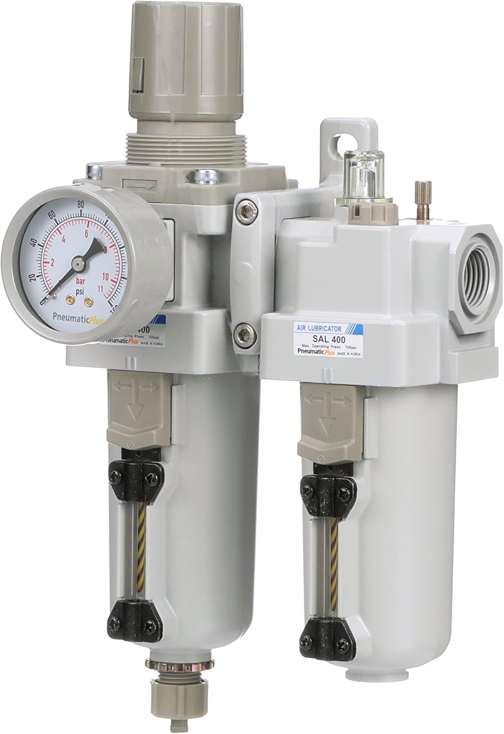 PneumaticPlus SAU410-N04G-MEP Compressed Air Filter Regulator Lubricator Piggyback Combo 1/2" NPT - Metal Bowl, Manual Drain, Bracket, Gauge