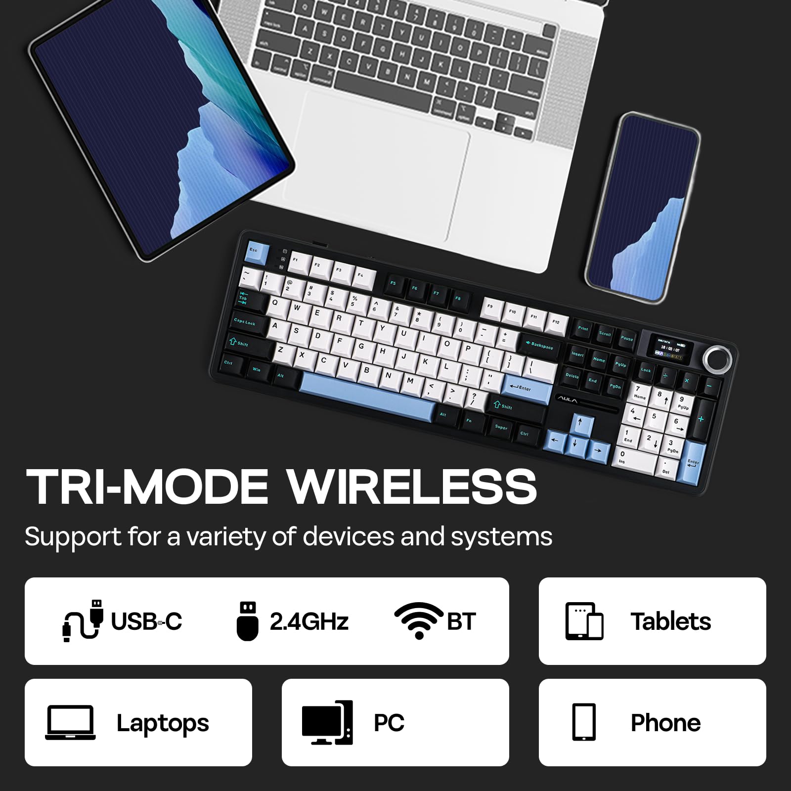 EPOMAKER X AULA F108 PRO Tastiera da Gioco Wireless con Schermo, Batteria da 8000mAh, 104 Tasti e Manopola Sostituibili a Caldo, RGB, per Mac/PC/Android, qwerty (NeroBiancoBlu, Reaper Switch)