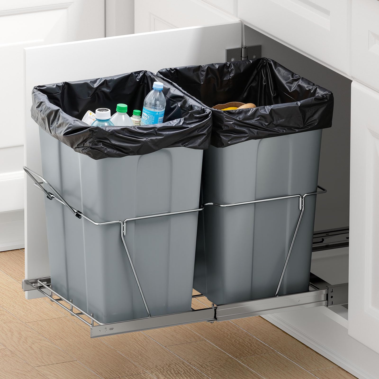 VEVOR ausziehbarer Mülleimer (35 Qt + 35 Qt) für Küchenschränke, doppelter Mülleimer unter der Spüle, Müllbehälter für unter die Spüle, mit robustem Vollauszug-Schiebesystem aus Metall & Griff