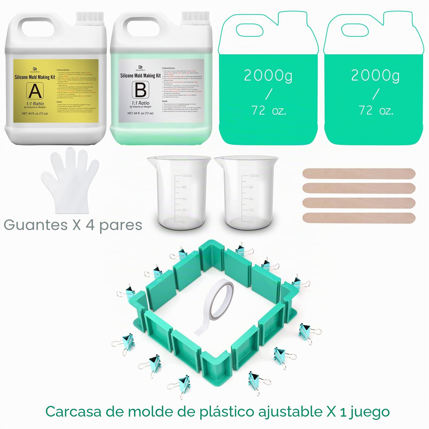Kit de fabricación de moldes de silicona, goma líquida 3,8 l/4 kg (15 A Shore) para fundición de resina, relación de mezcla 1:1, curado rápido, carcasa ajustable reutilizable