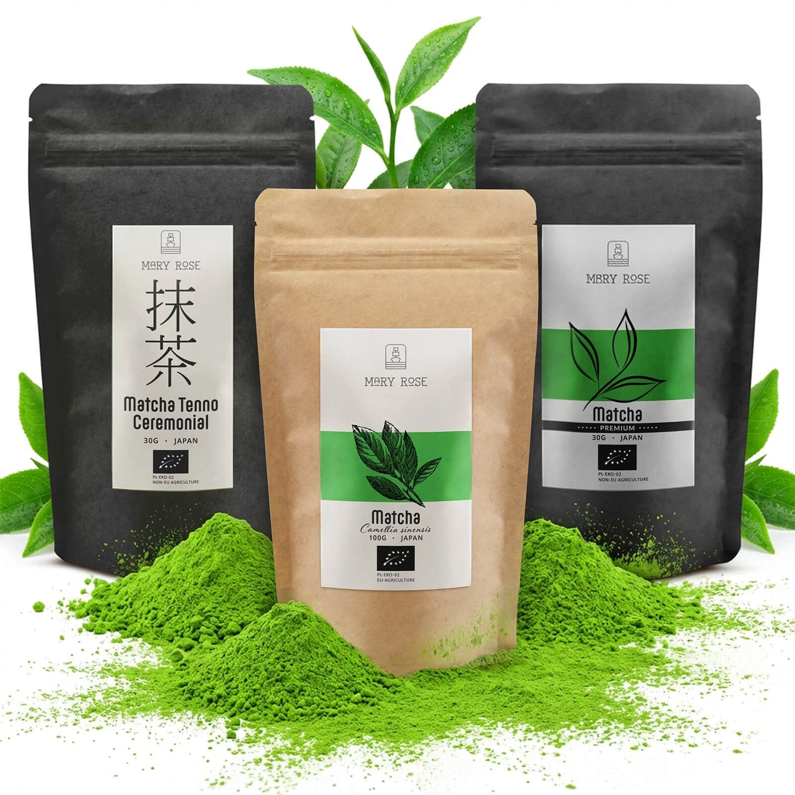 Set regalo di tè verde giapponese Mary Rose - Selezione Matcha Biologico: Tenno Cerimoniale 30 g, Premium 30 g e Culinary 100 g