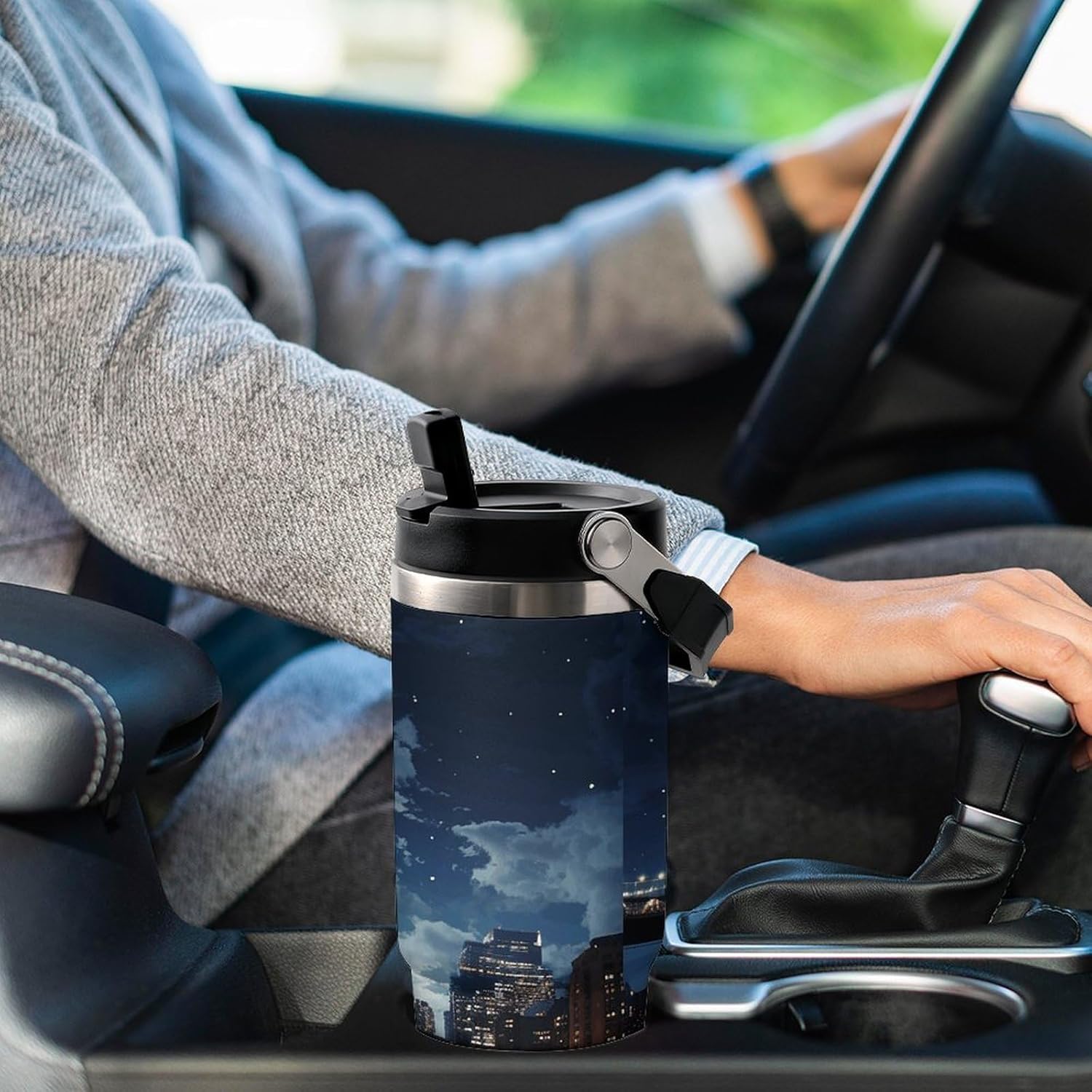 30oz Insulated Tumblers with Top Handle, Stainless Steel Moon Light New York City Car Cup with Straw for Gift, Leak-Proof Double Wall Vacuum Travel Mug, Personalized Water Bottles Black