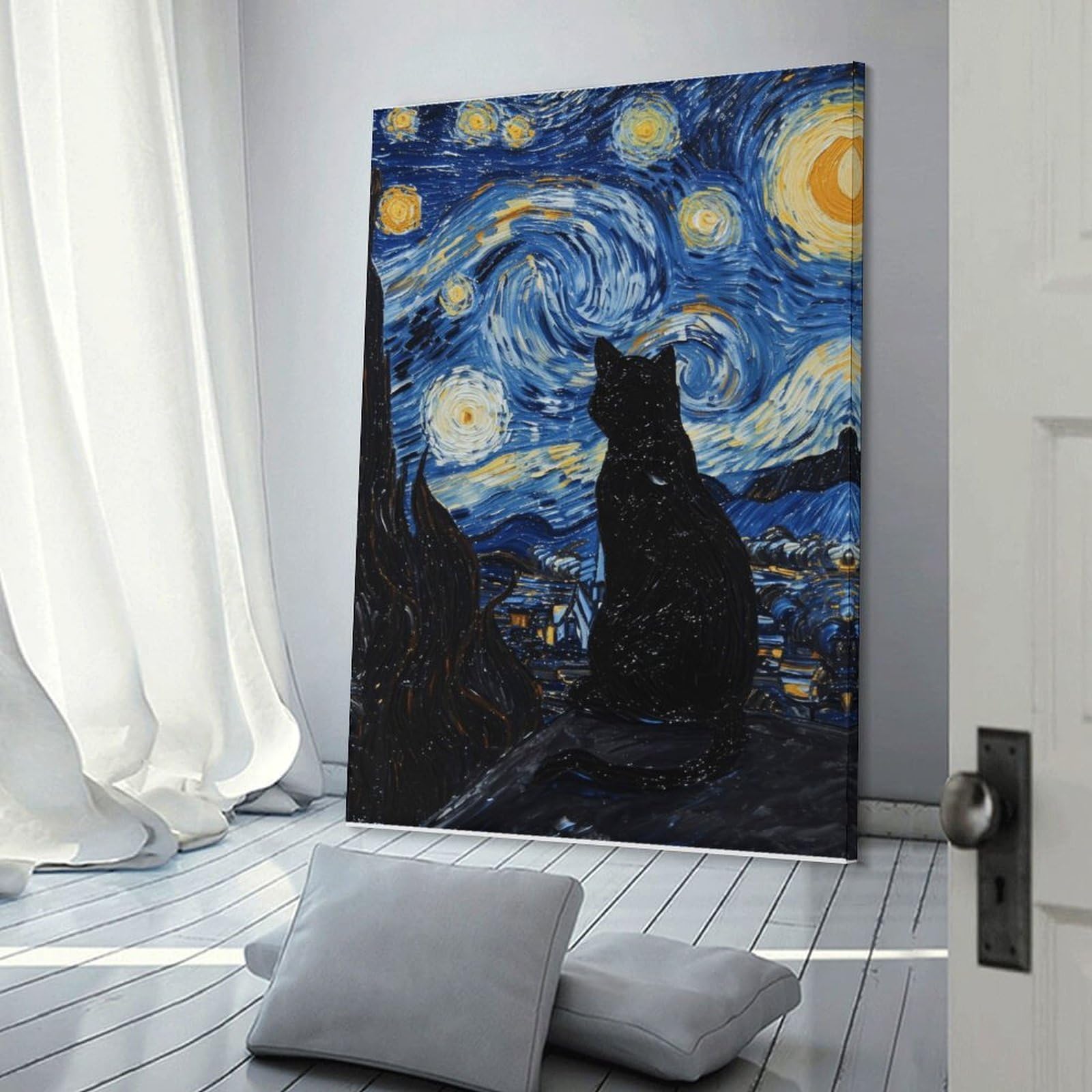 Junmoney Frame-Style-7 Starry Night Cat Art Print Wall Picture Print, 24X36inch(60X90cm), For Lounge, Study, Hallway Or Flat Walls, Canvas Wall Art That Fits Changing Layouts