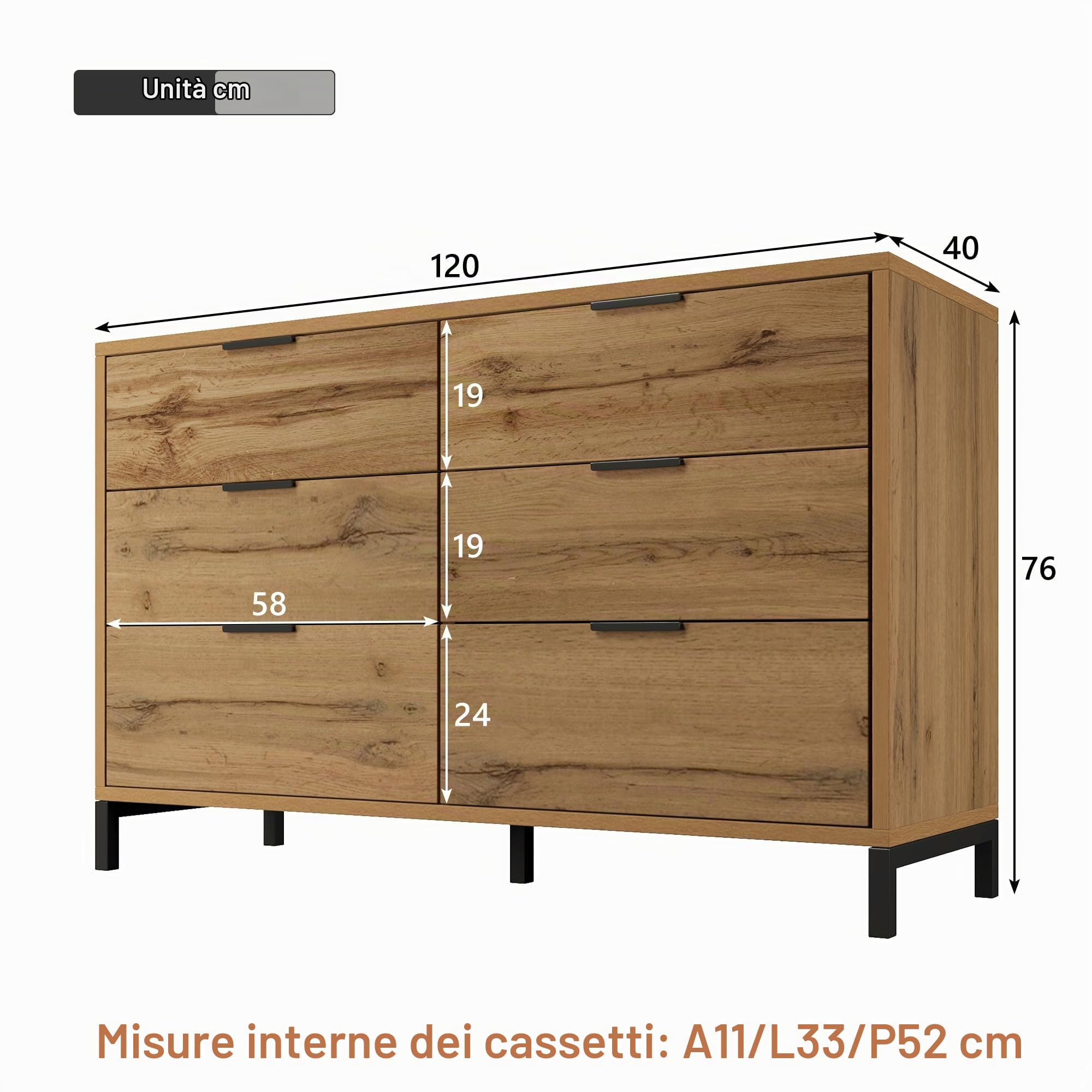Cassettiera, credenza con 6 cassetti, 120 x 40 x 76 cm, in rovere scuro, per camera da letto, tutti gli spazi abitativi