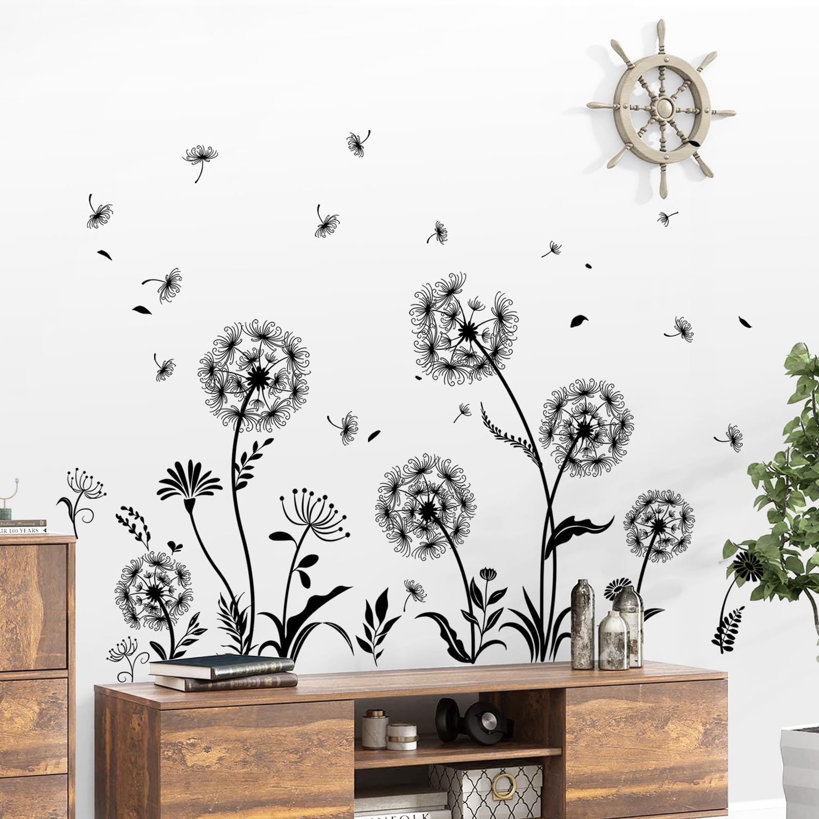 DAMILY® Stickers Muraux FLEURS DE PISSENLIT Noir (150*144 Cm) I Papillon Plantes Branche Arbre I