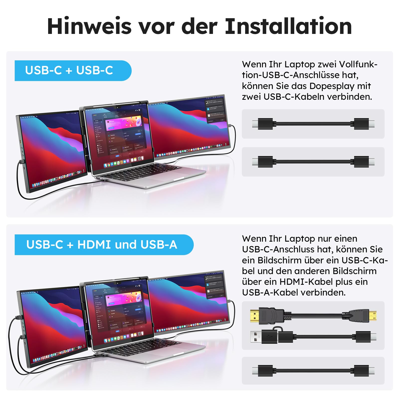 Laptop Screen Extender 15.6", 1080P Triple Laptop Bildschirm Erweiterung | 60Hz Triple Portable Laptop Monitor Erweiterung, mit USB-C/mini HDMI Plug-Play Kompatibel mit 13.3"-17" für Windows/Mac