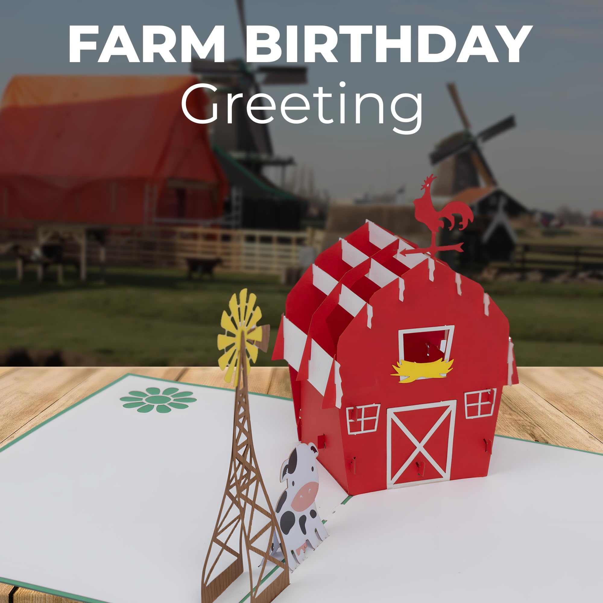 iGifts And Cards Tarjeta de felicitación desplegable 3D de vaca – animales, molino de viento, granja, ganado, lácteos, sol, guau, diversión, mitad plegable, feliz cumpleaños, Just Because, Thinking of