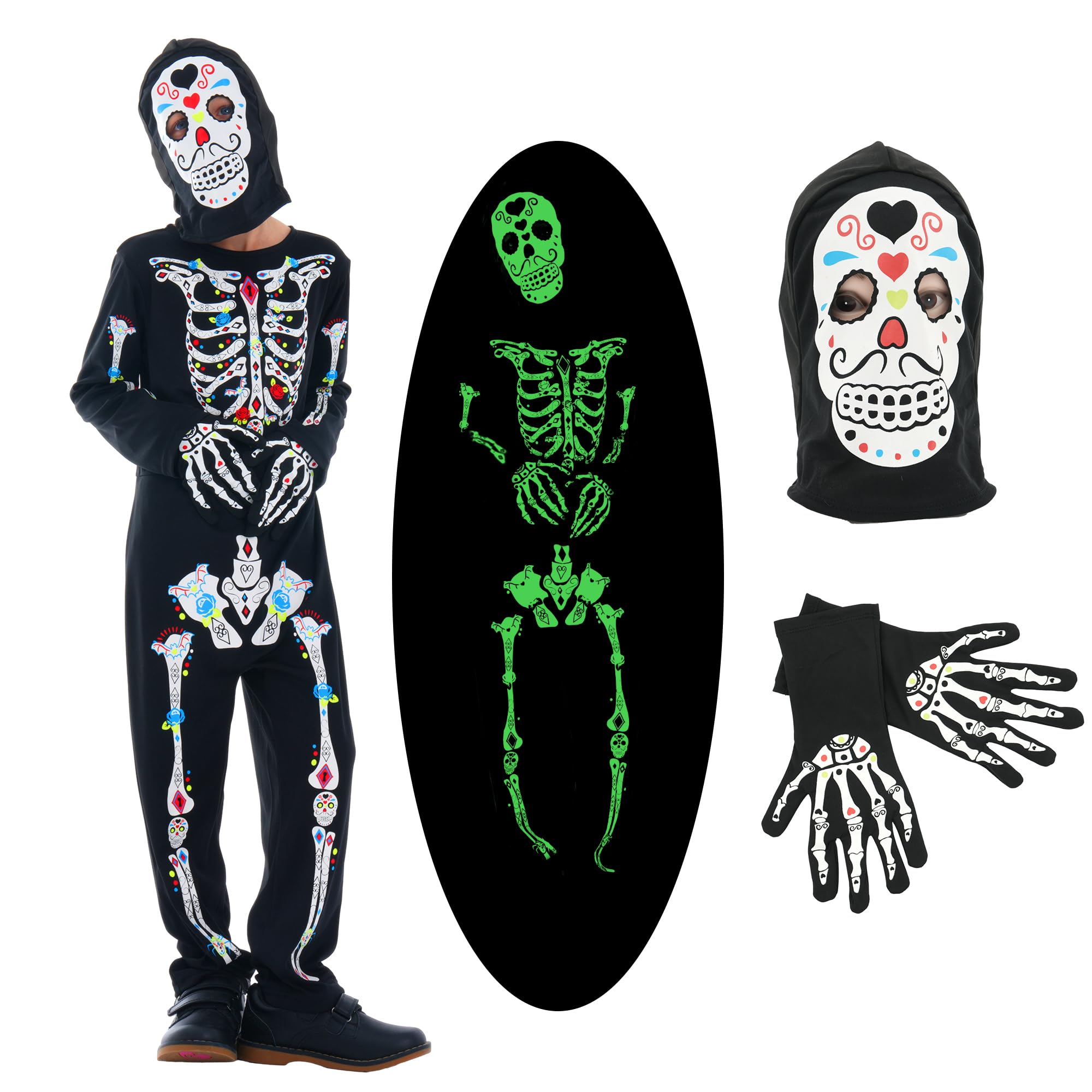 Sincere Party Kids GID Day of the Dead Neon Skeleton Costume Outfit with Hood and Gloves for Boys and Girls 3–5 years
